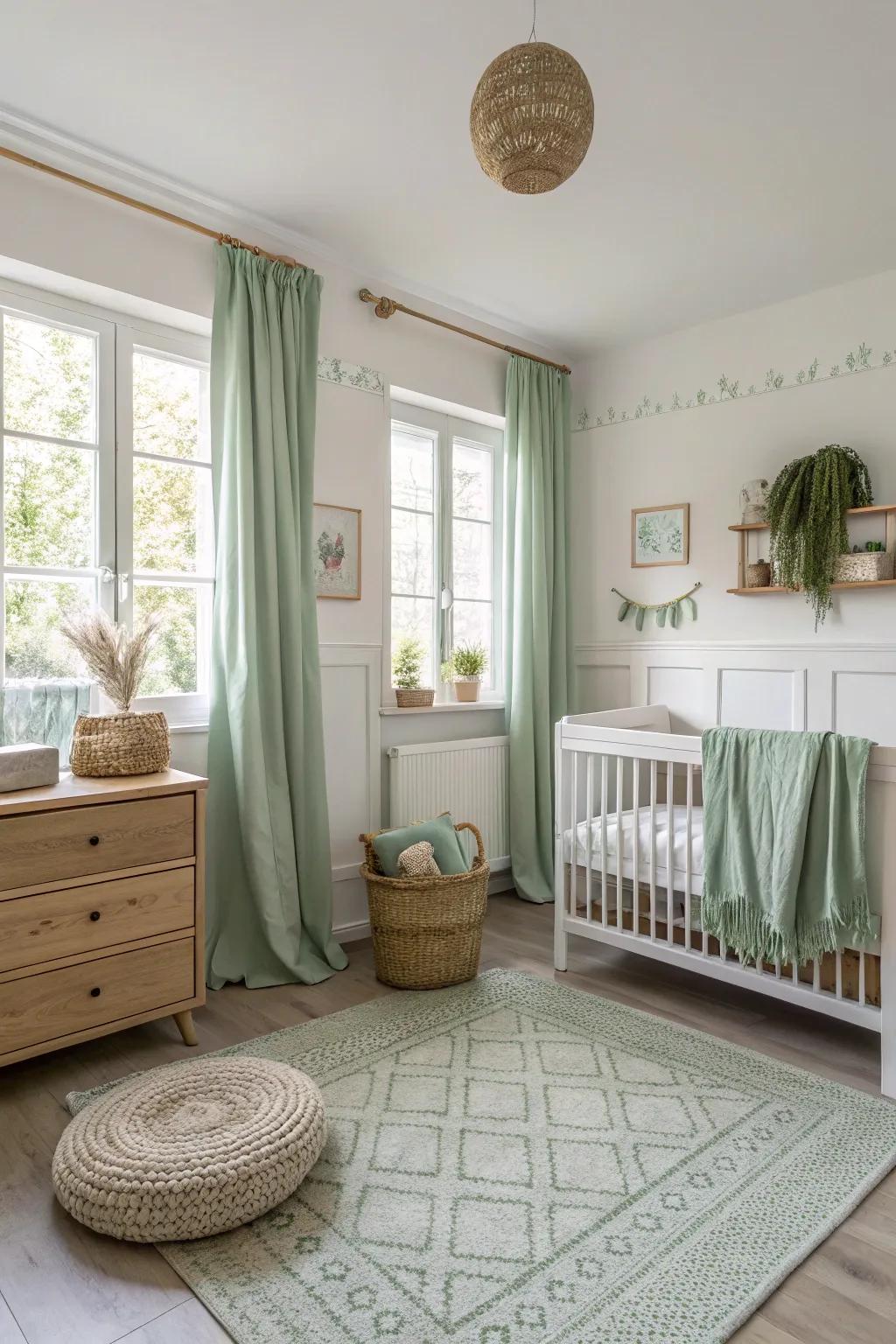 Minimalist furniture maintains a serene and open feel in a sage green nursery.