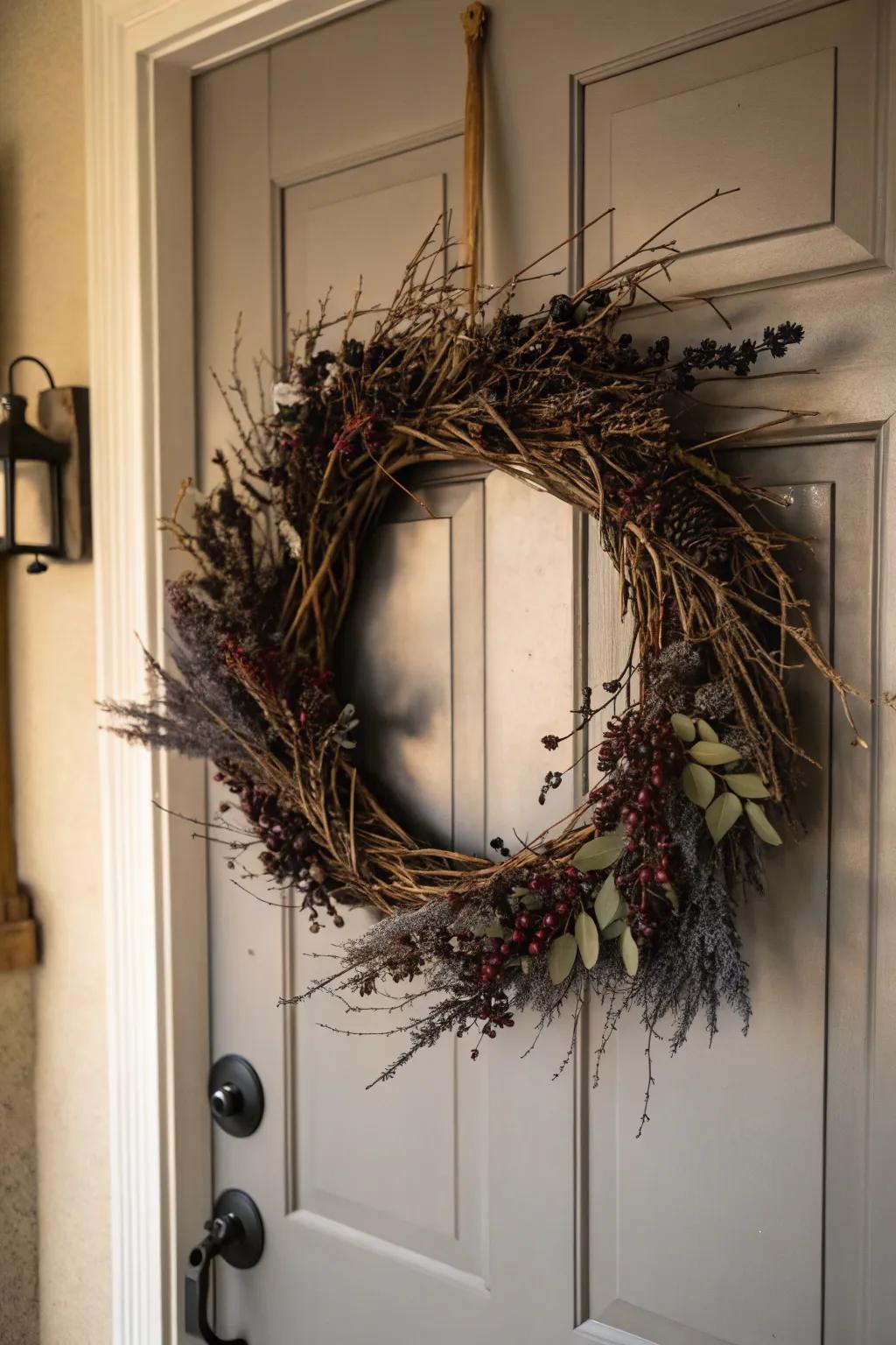 A sinister wreath adds a sophisticated fright to the front door.