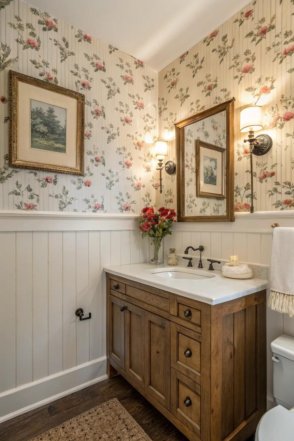 A bathroom with shiplap wainscoting adding texture.