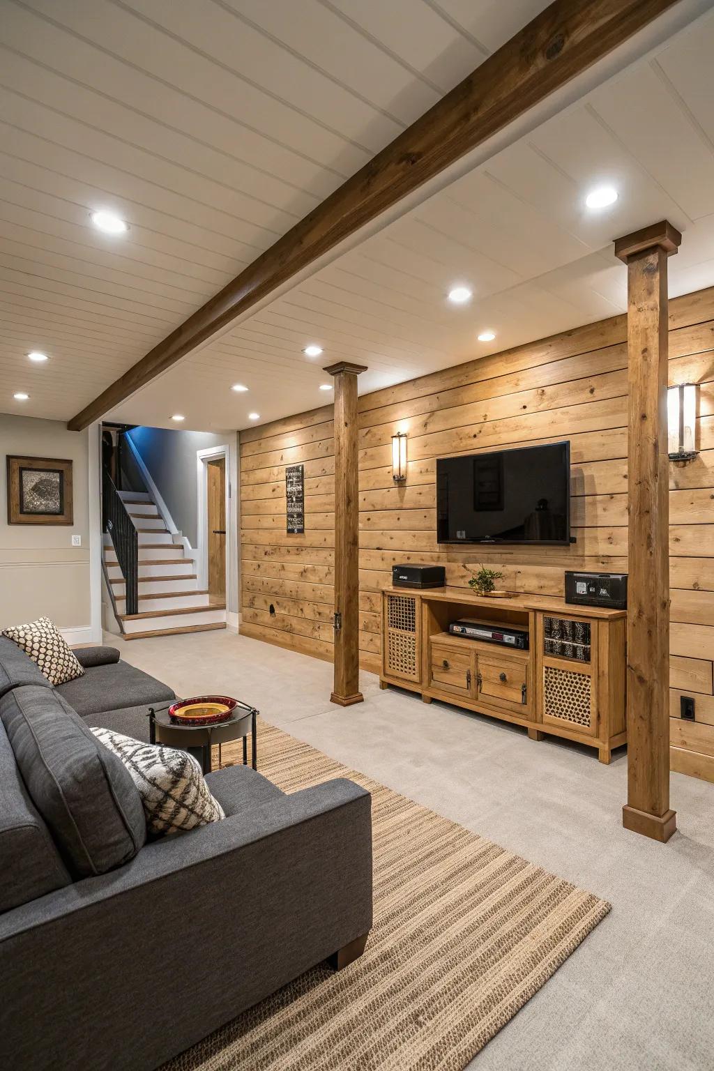 Open and airy basement design with shiplap.