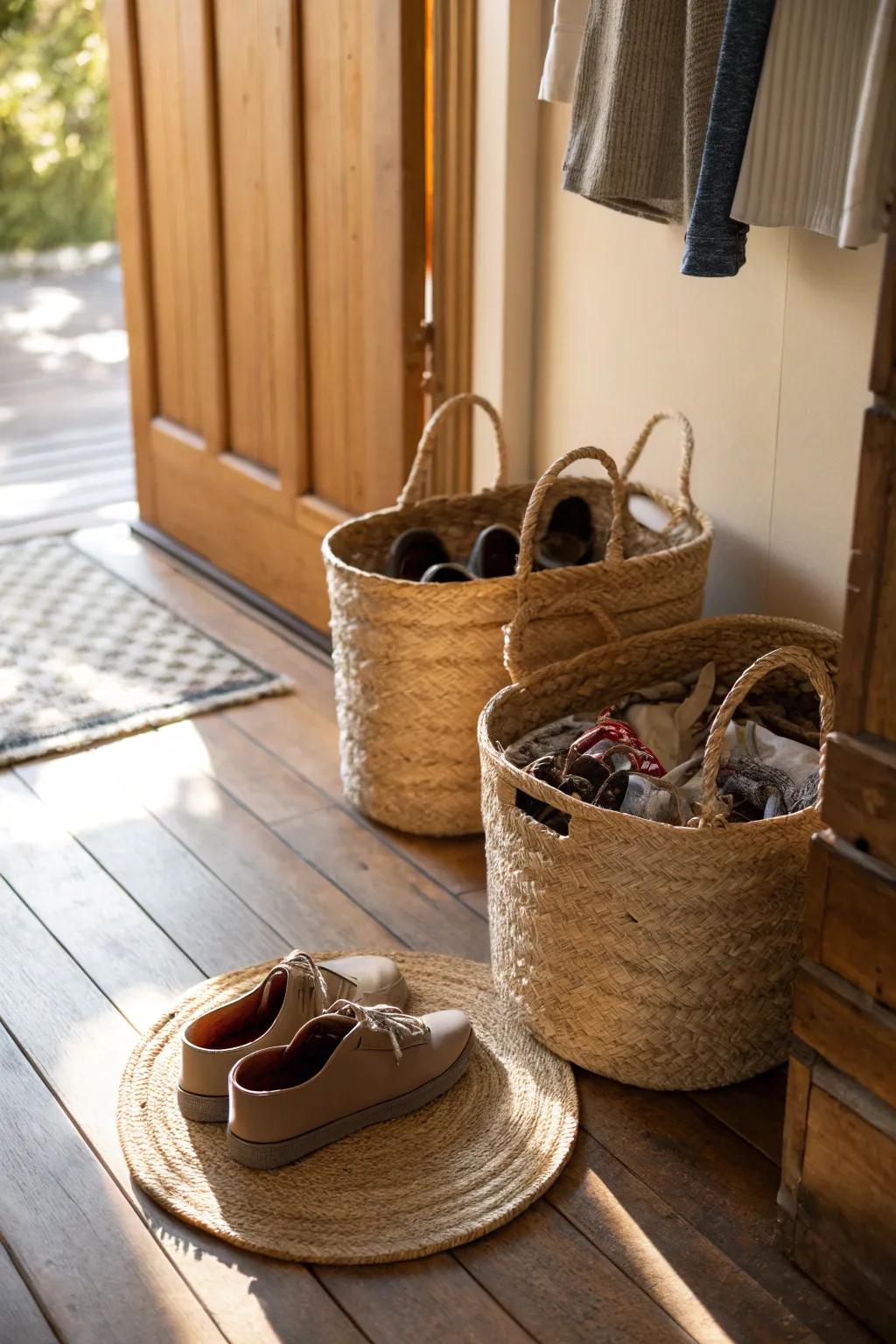 Jute baskets offer an eco-friendly and stylish option for shoe storage.