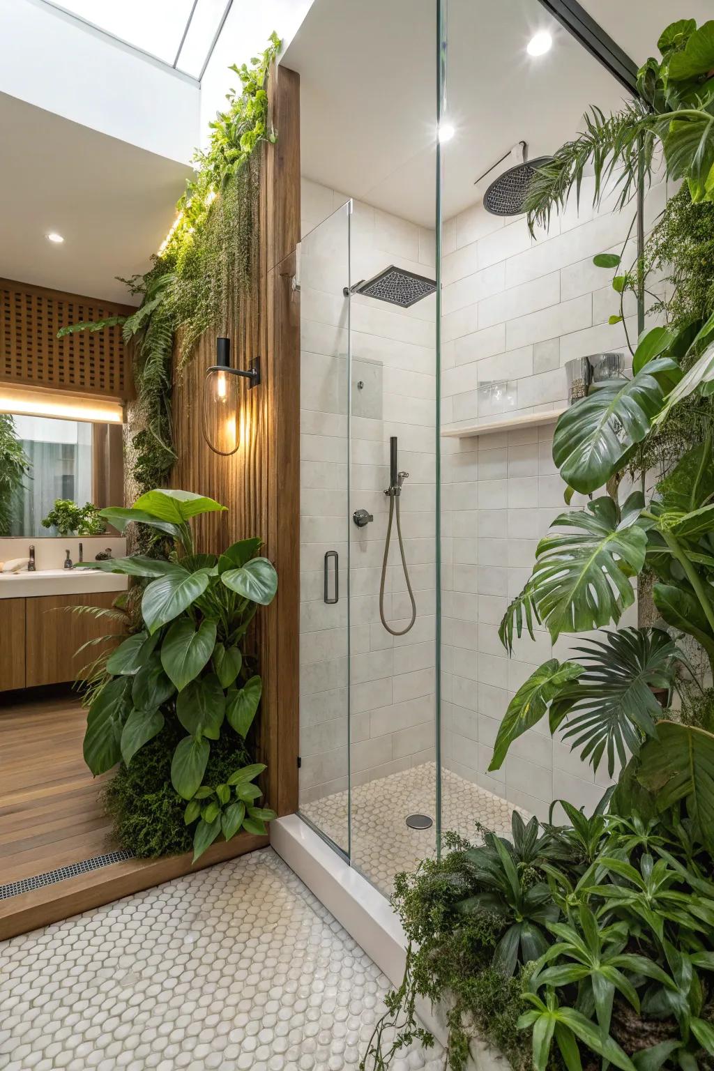 Greenery in the shower adds a refreshing and natural vibe.