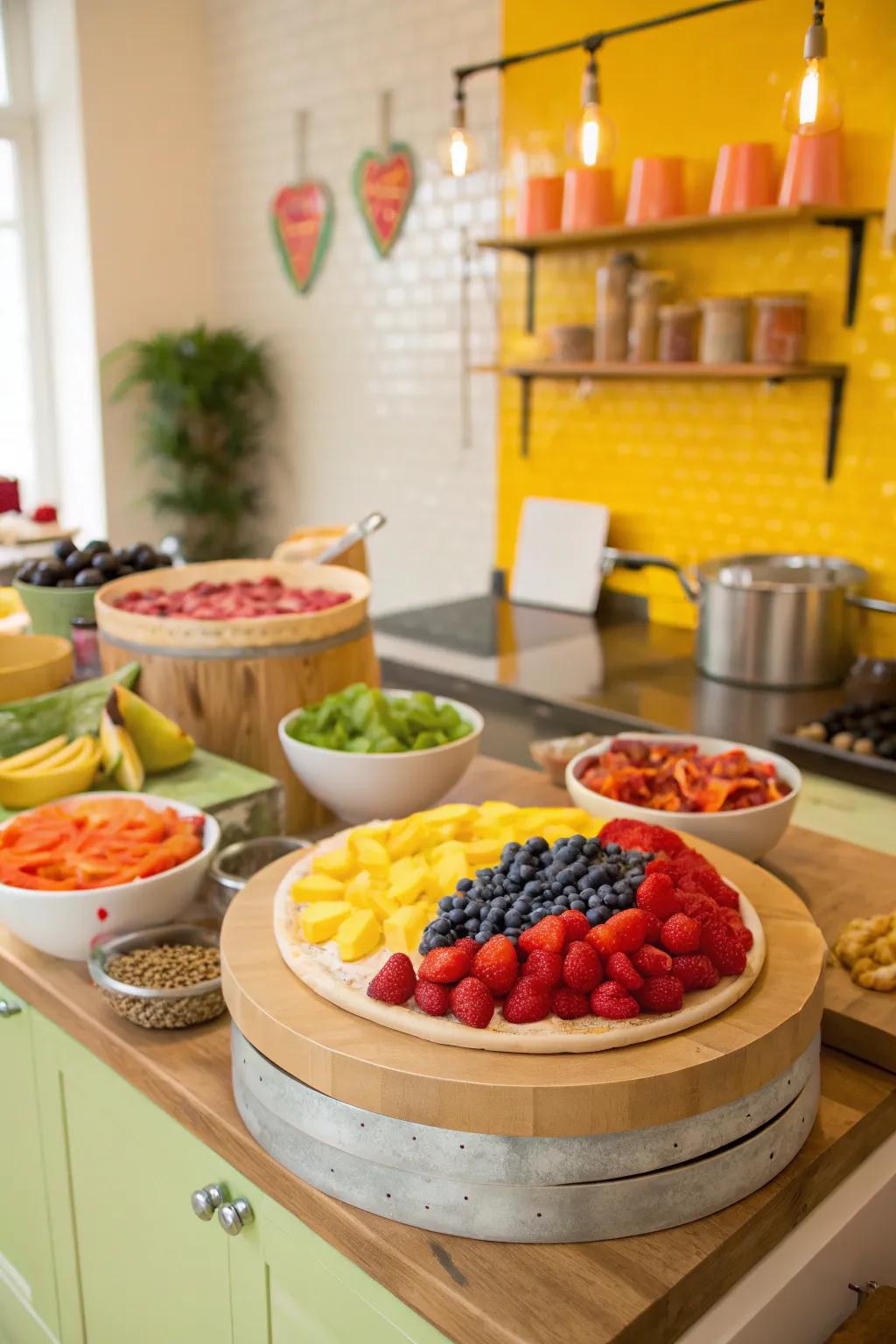 A vibrant DIY fruit pizza station offering a fun and tasty experience.