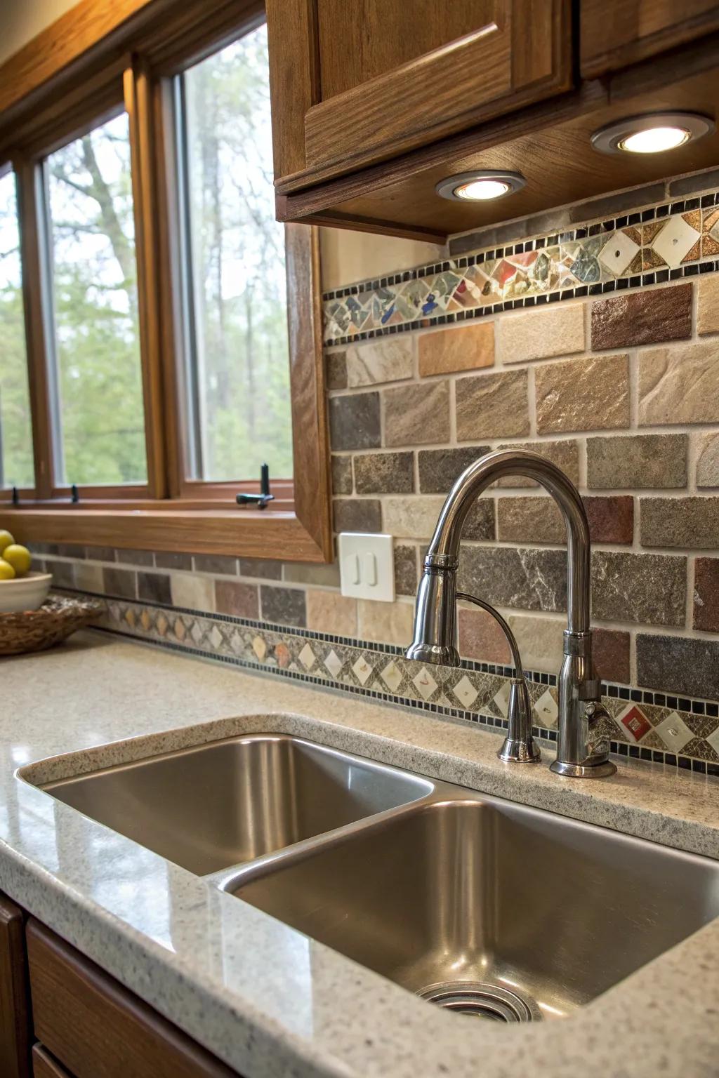 Mixed materials create a dynamic and textured kitchen backdrop.