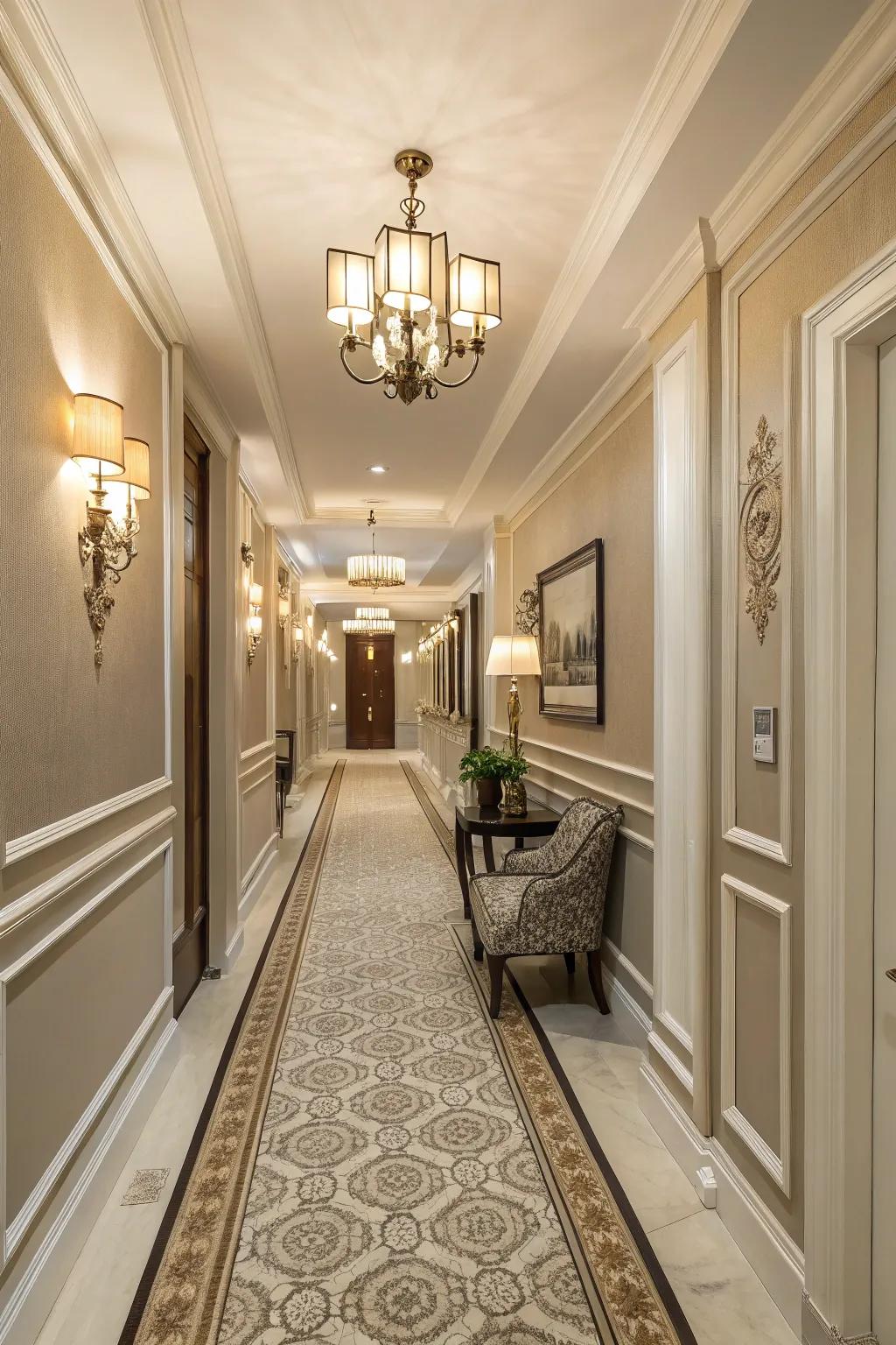 Two-tone skirting boards highlight hallway architecture.