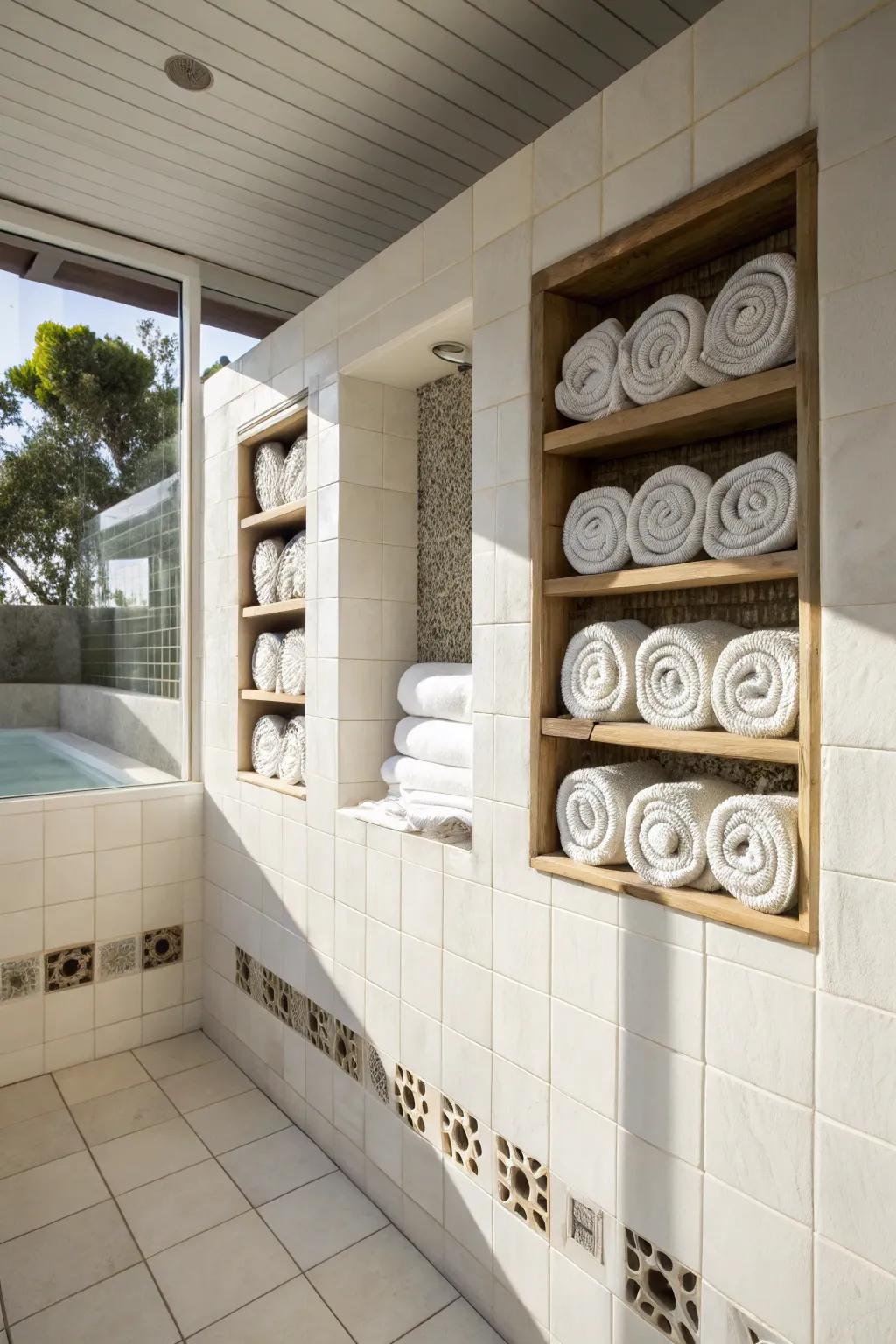 Stylish storage approach with towel rolls in wall niches.