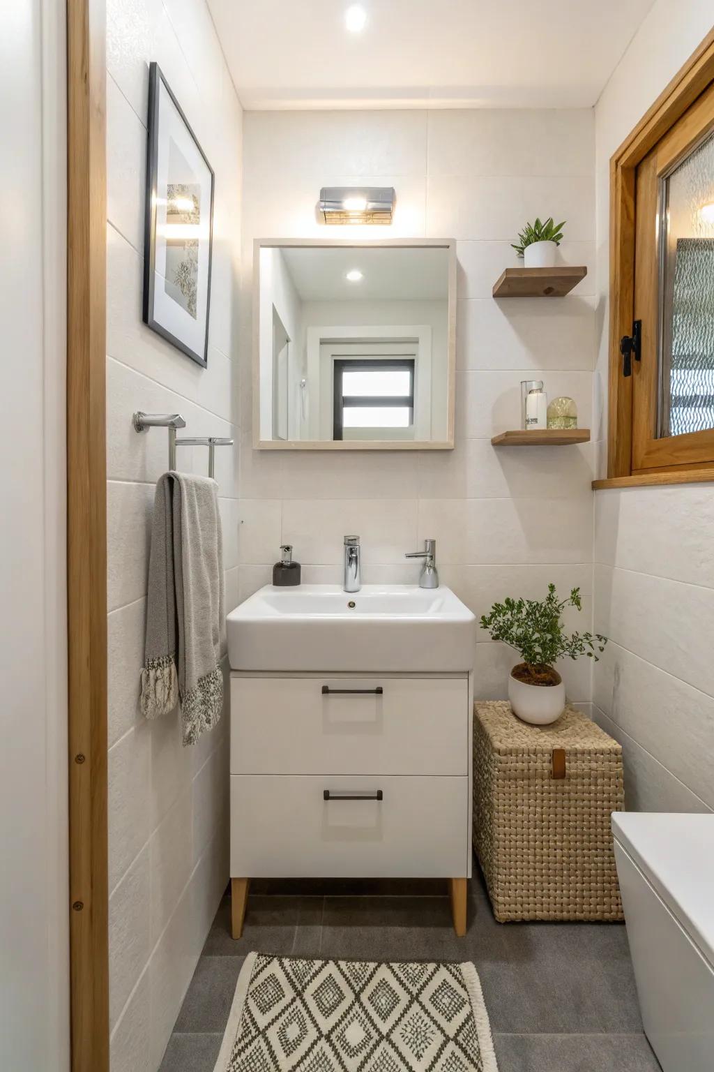 Wall-mounted sinks free up floor space while maintaining elegance.