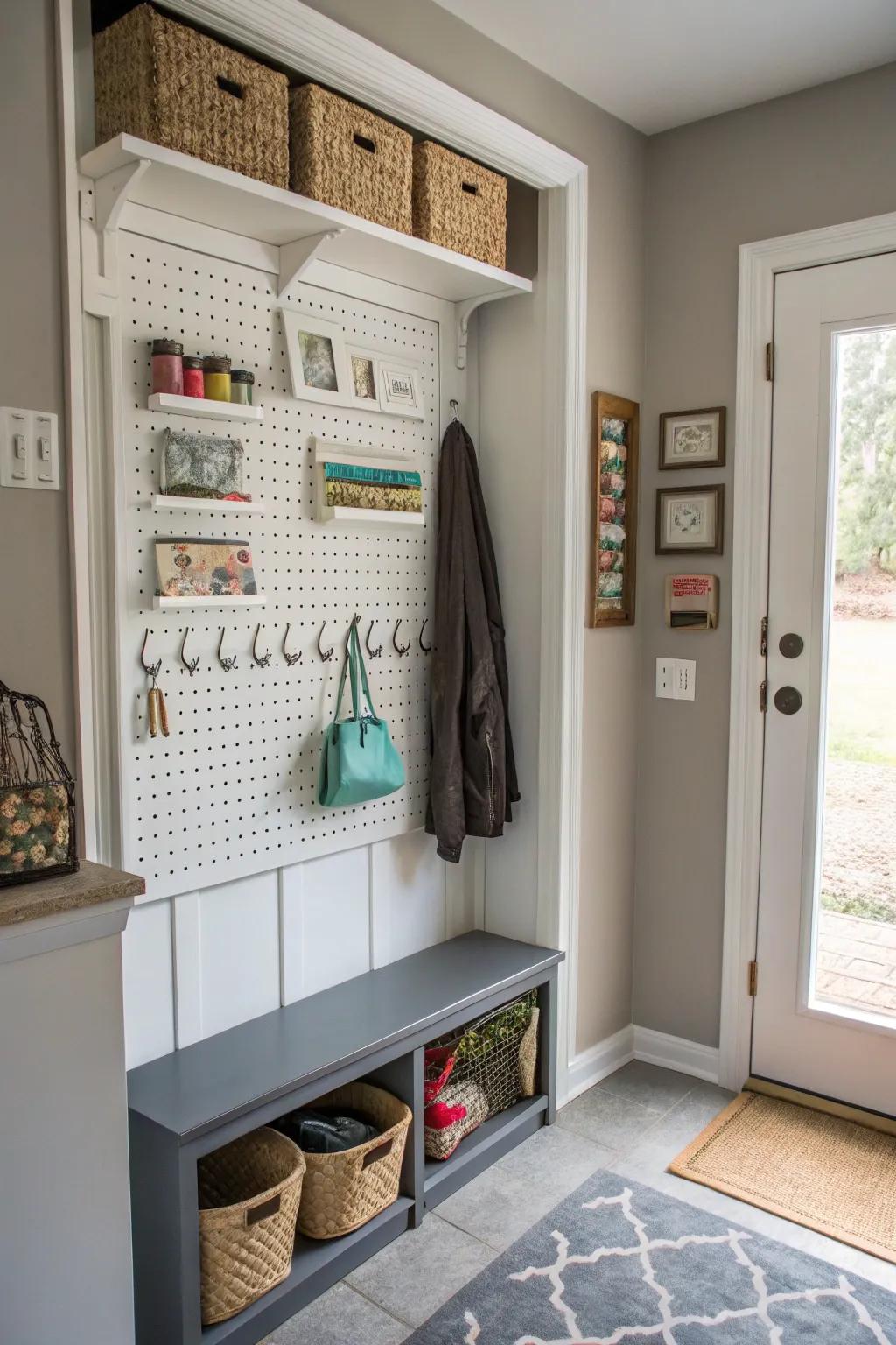 A pegboard offering adaptable and stylish storage solutions.