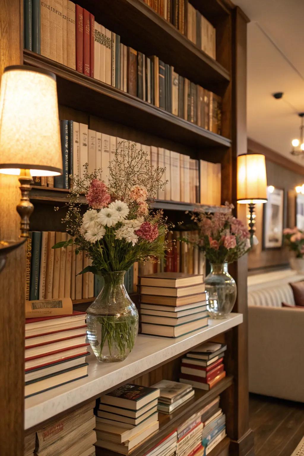 Books and blossoms meet up to make an agreeable and scholarly vibe.