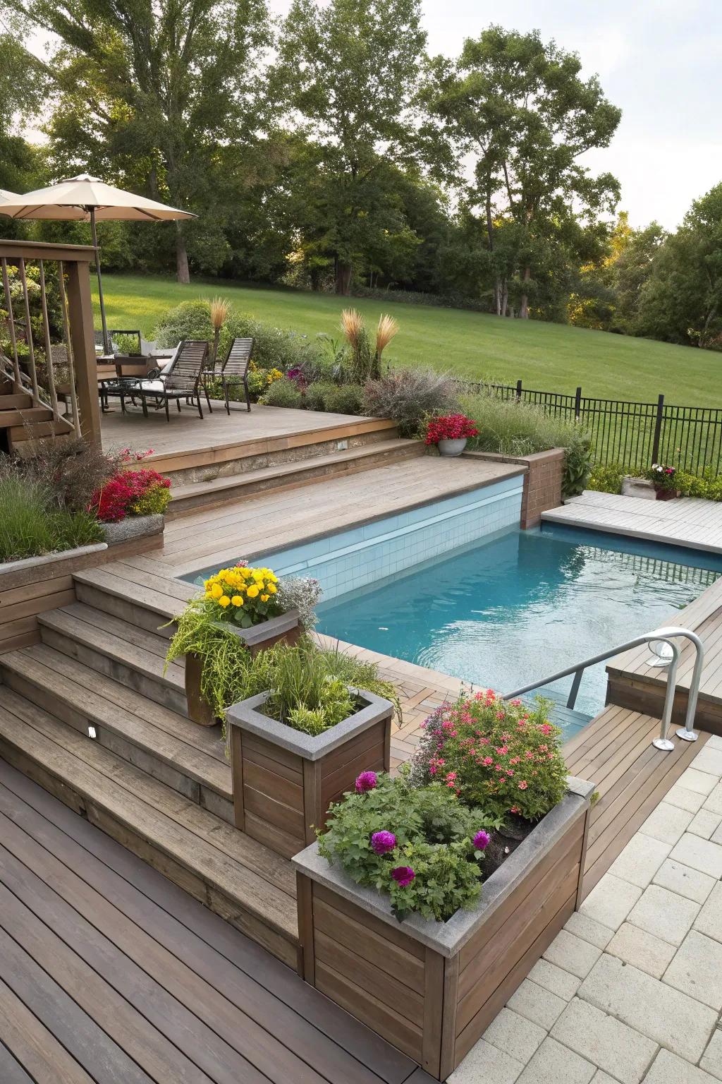 Multi-level designs add dimension to pool areas.