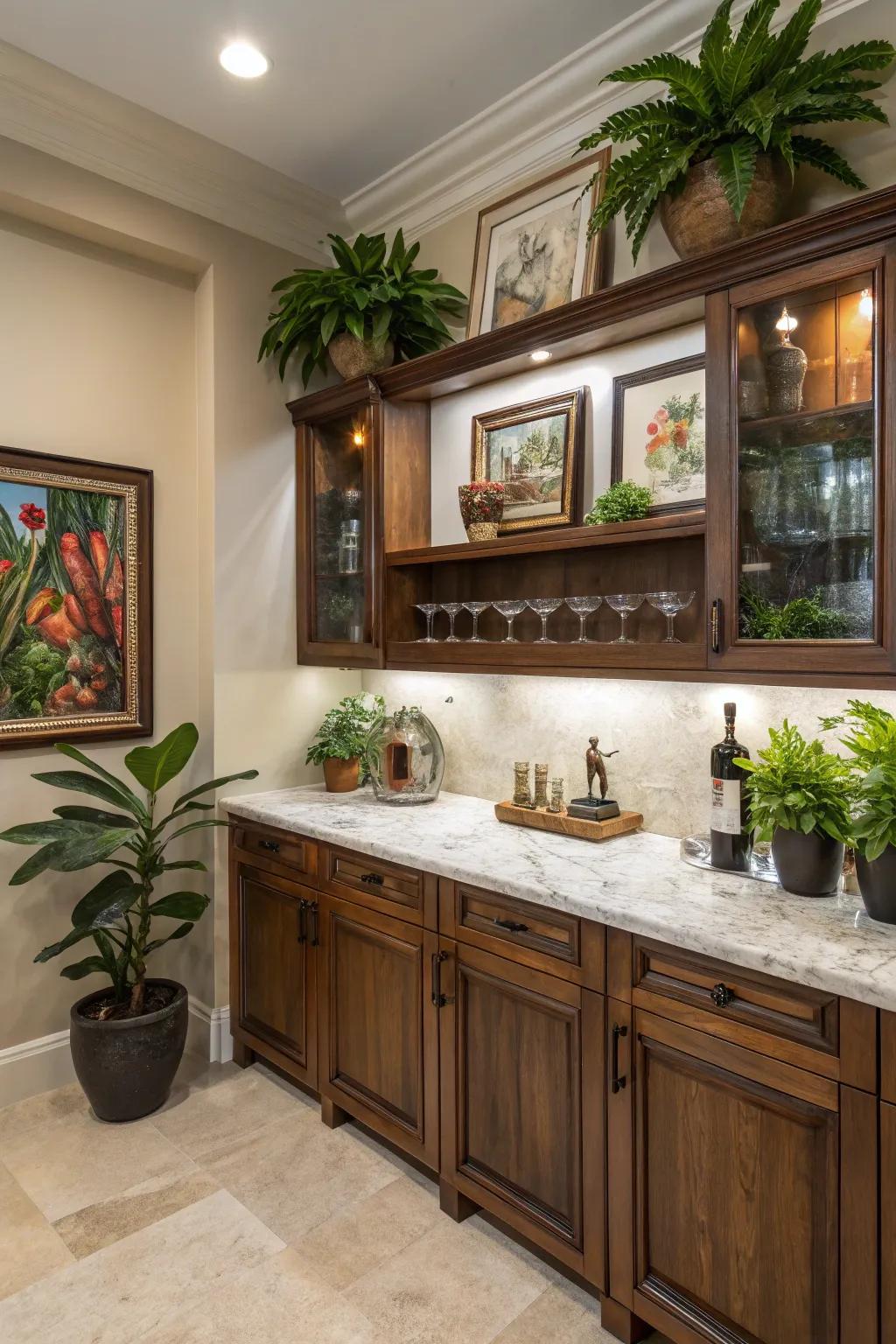 Decorative elements like art and plants in a small wet bar.