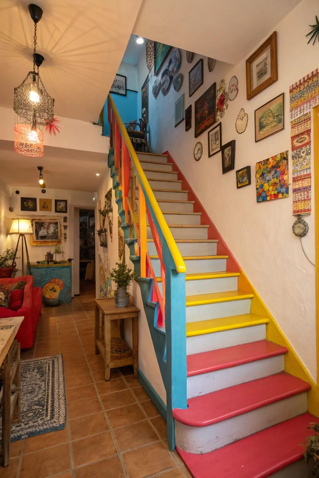 Striking color touches on a staircase to inject personality into a small area.