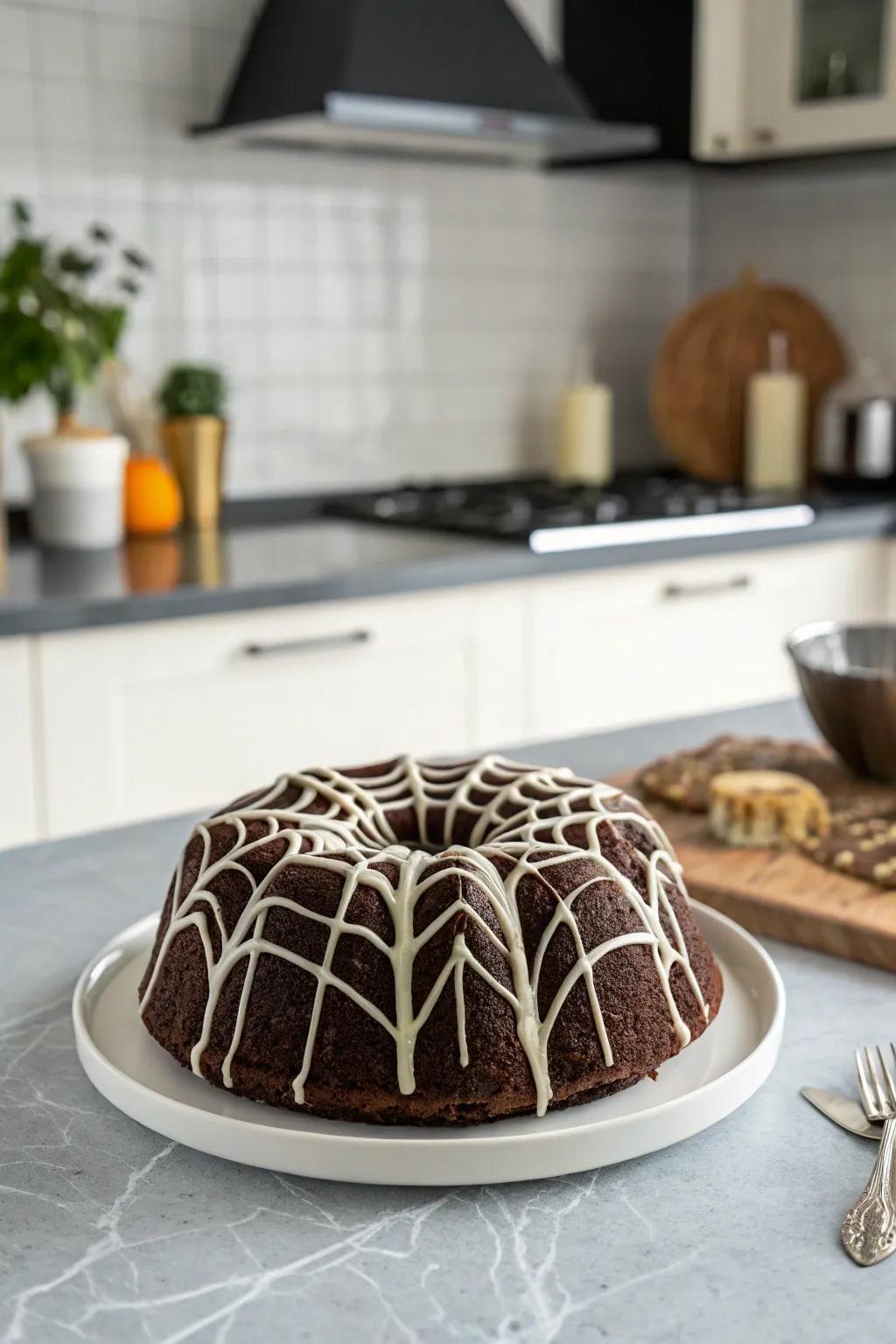 Elegant and spooky white chocolate spider web cake.