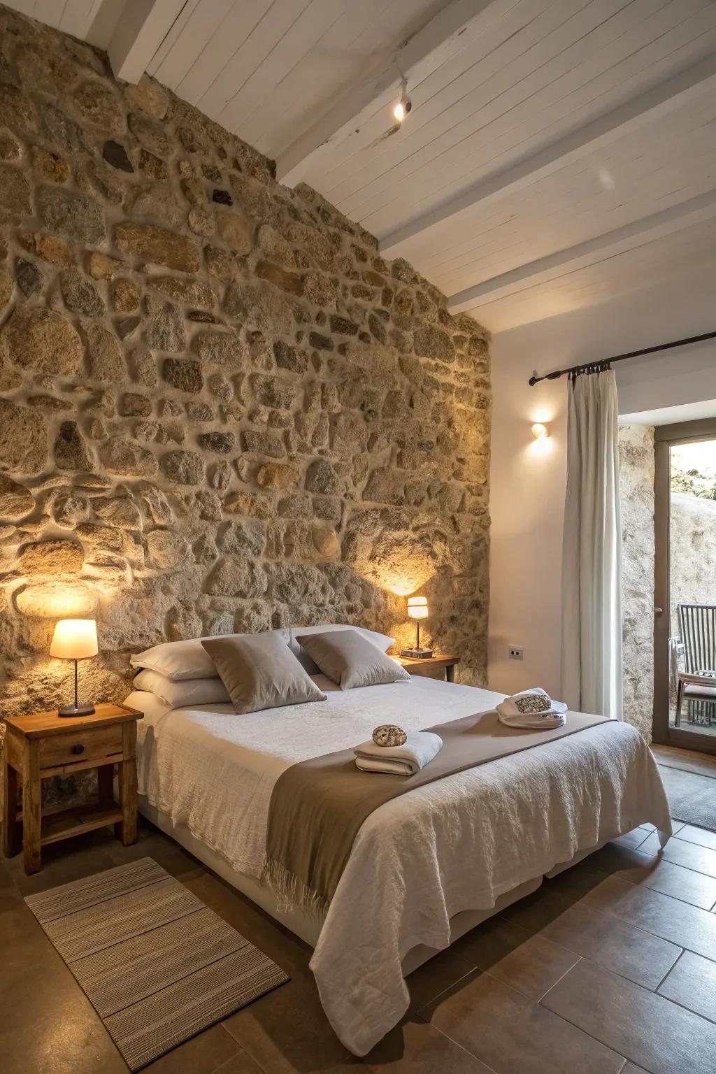 A bedroom that invites relaxation with a stone accent wall.