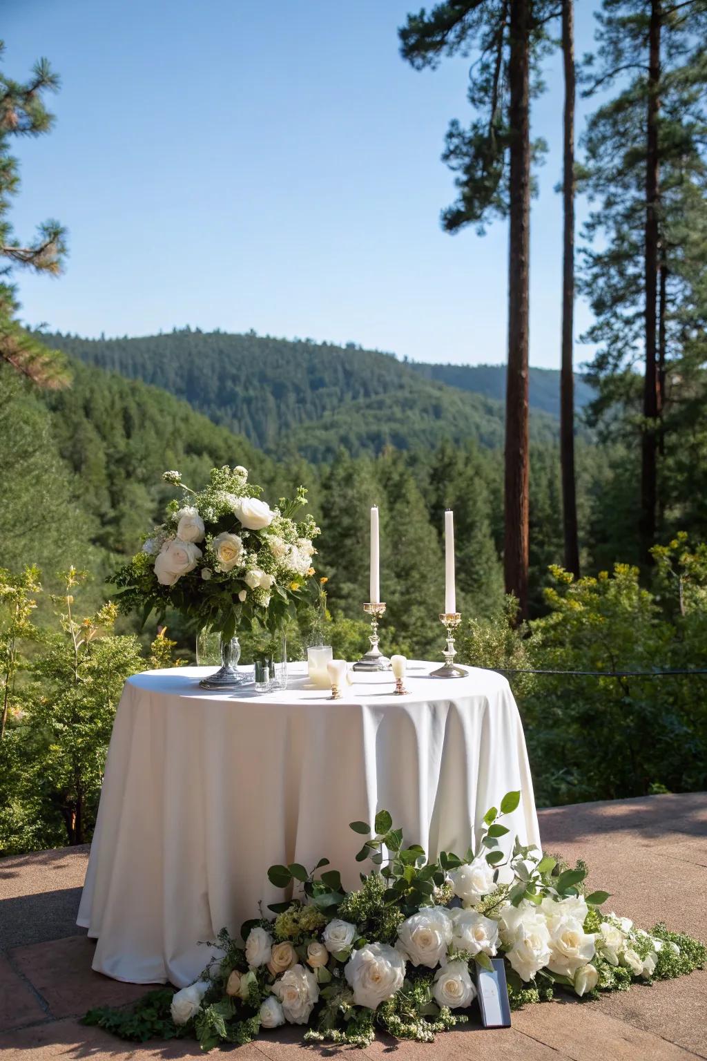 A sweetheart table framed by nature's lush greenery and scenic views.