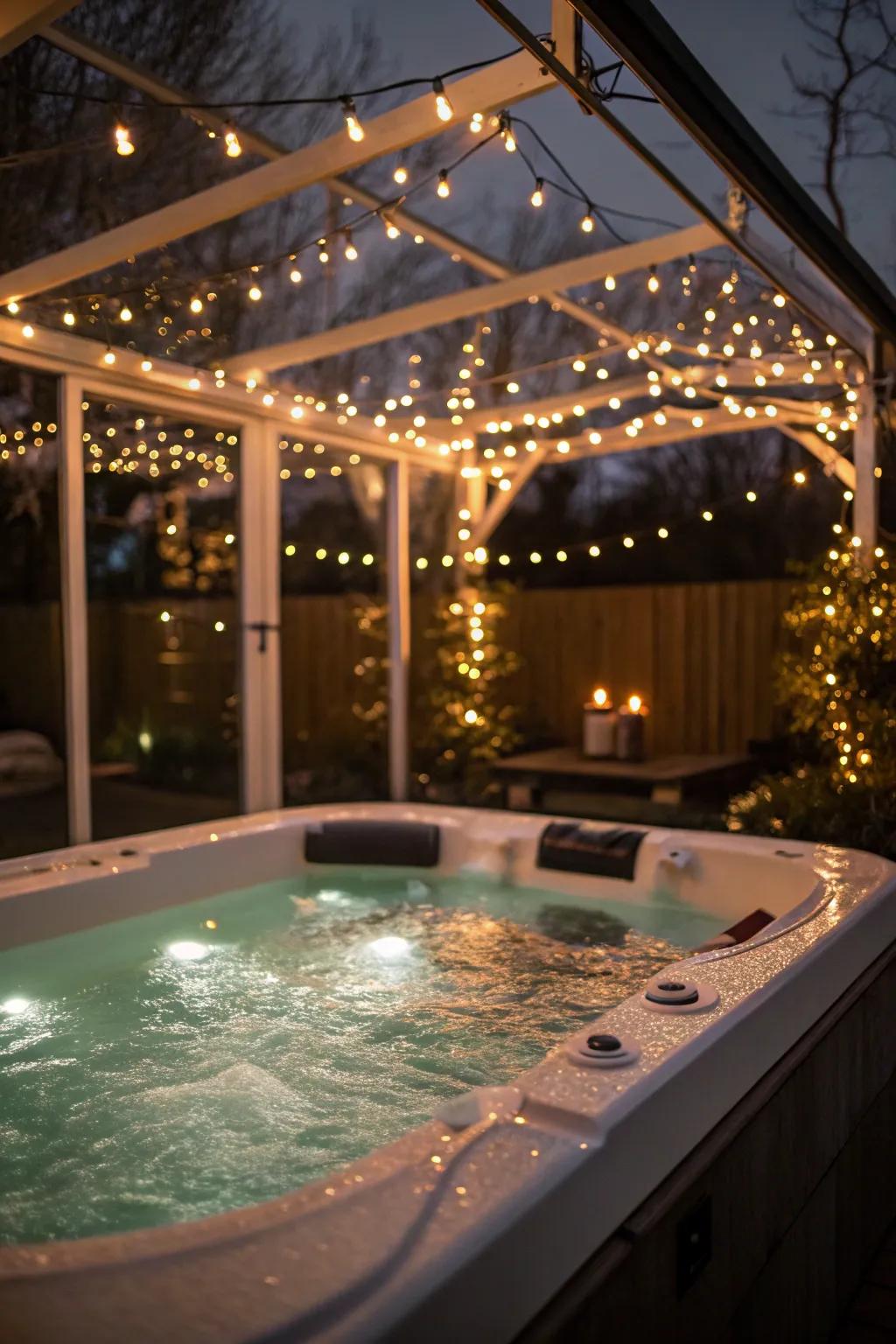 Fairy lights create a magical ambiance for evening swims.