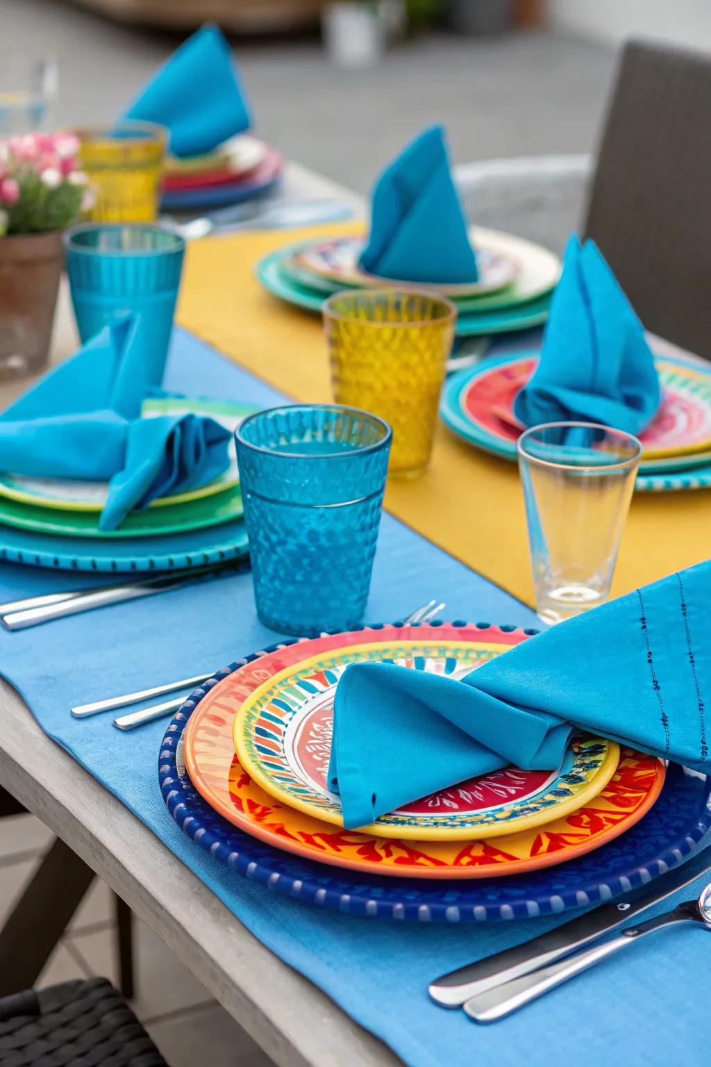 A burst of color is added to the setting by sky napkins and contrasting tableware.