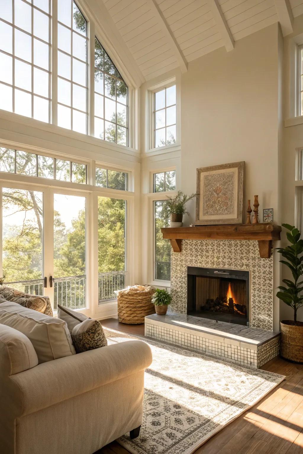 Natural light enhances the warmth and beauty of this tiled fireplace.