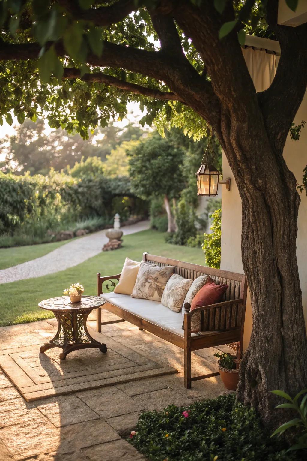 Craft a snug area with seating beneath your tree.