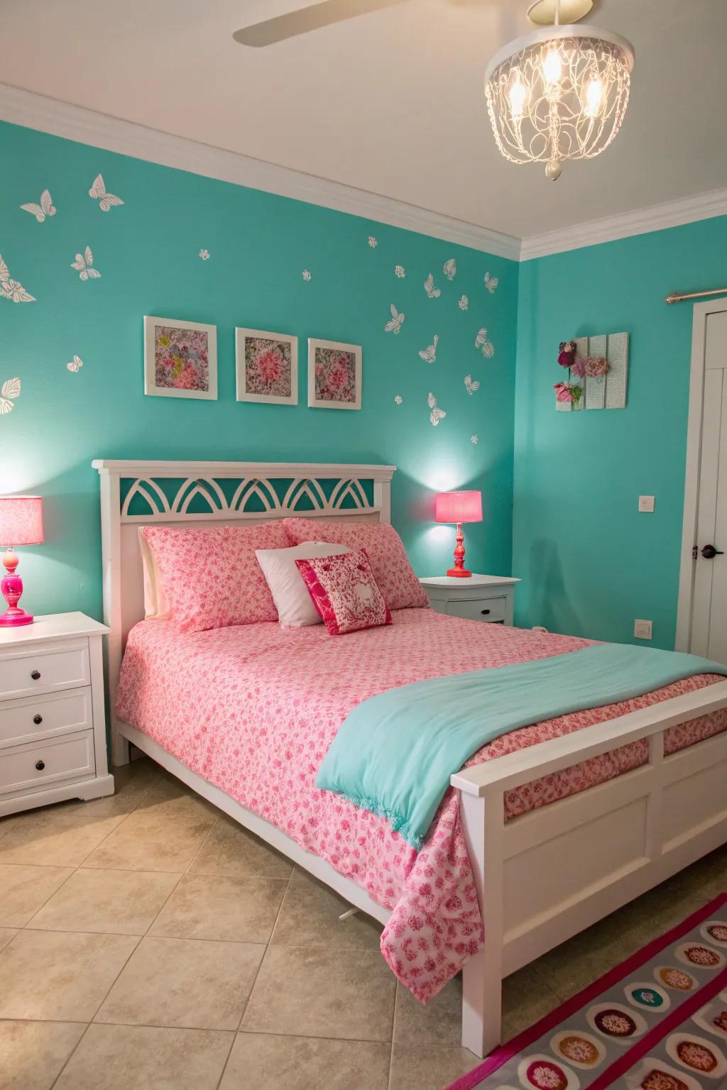 A playful mix of turquoise and rose brings energy to this bedroom.