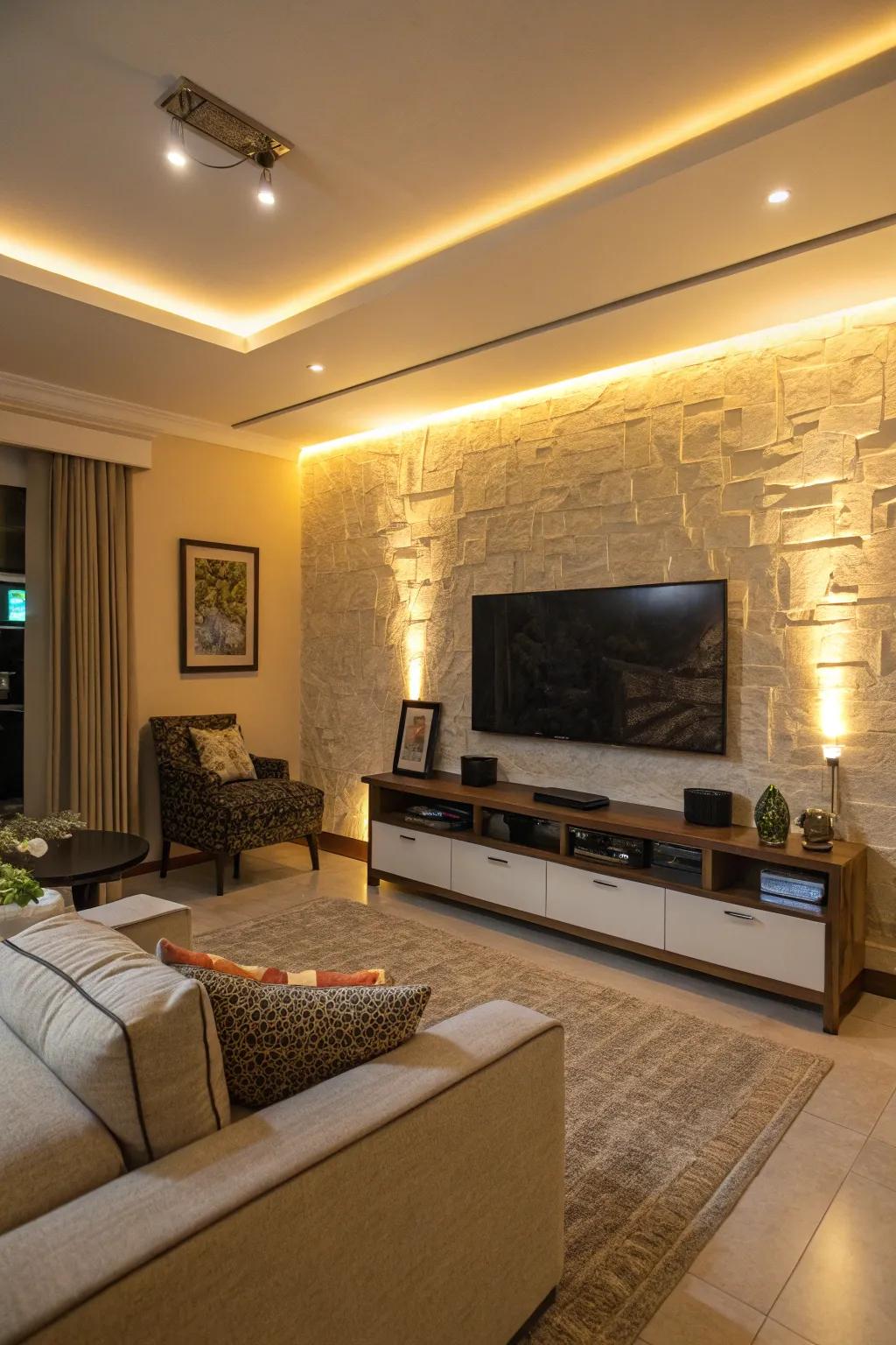 LED backlighting enhances the mood of this TV accent wall.