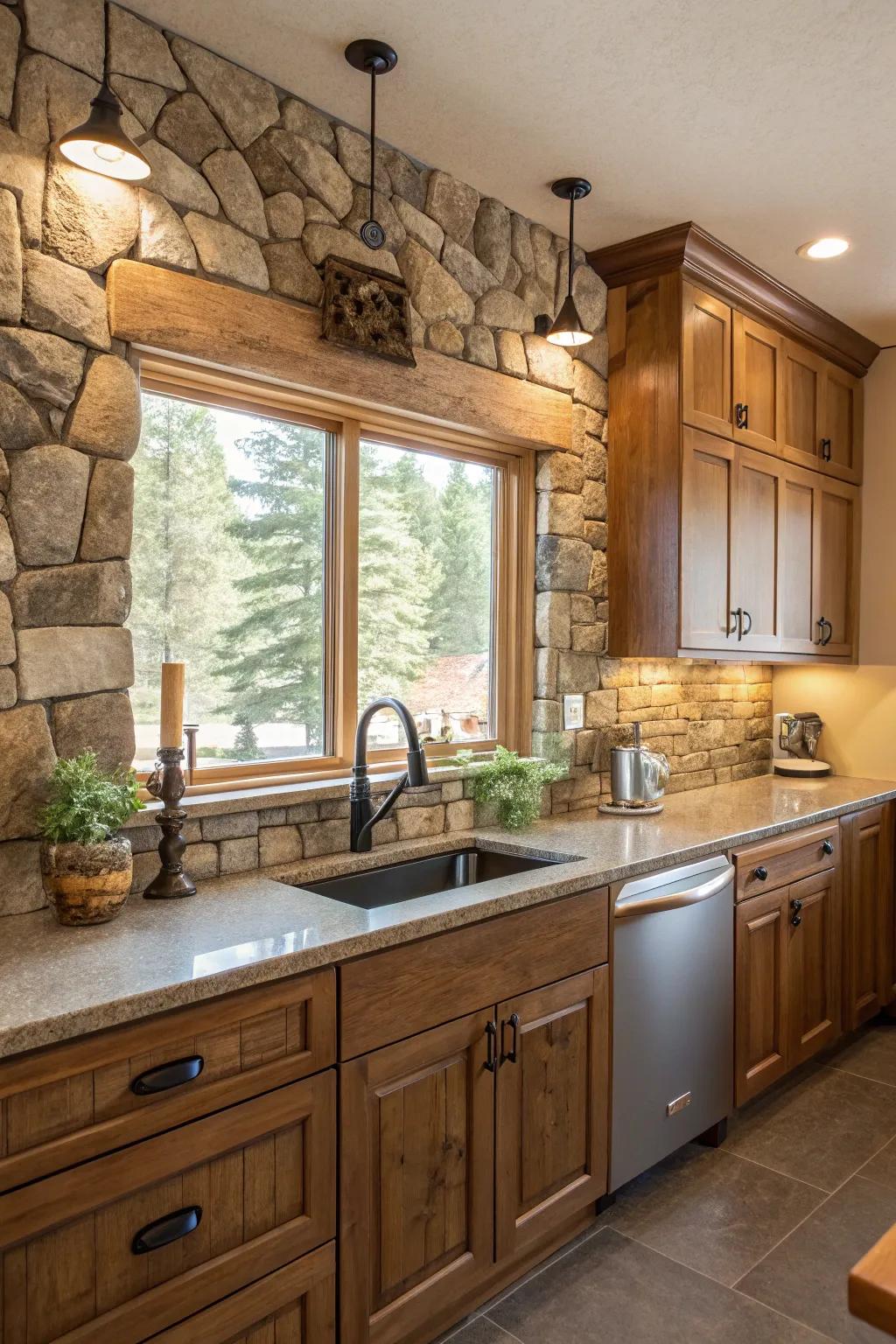 A nature-inspired kitchen with stone and wood elements.