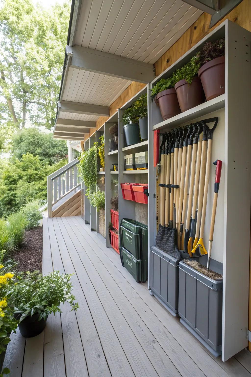 Efficient vertical storage solutions under the deck for all outdoor storage needs.