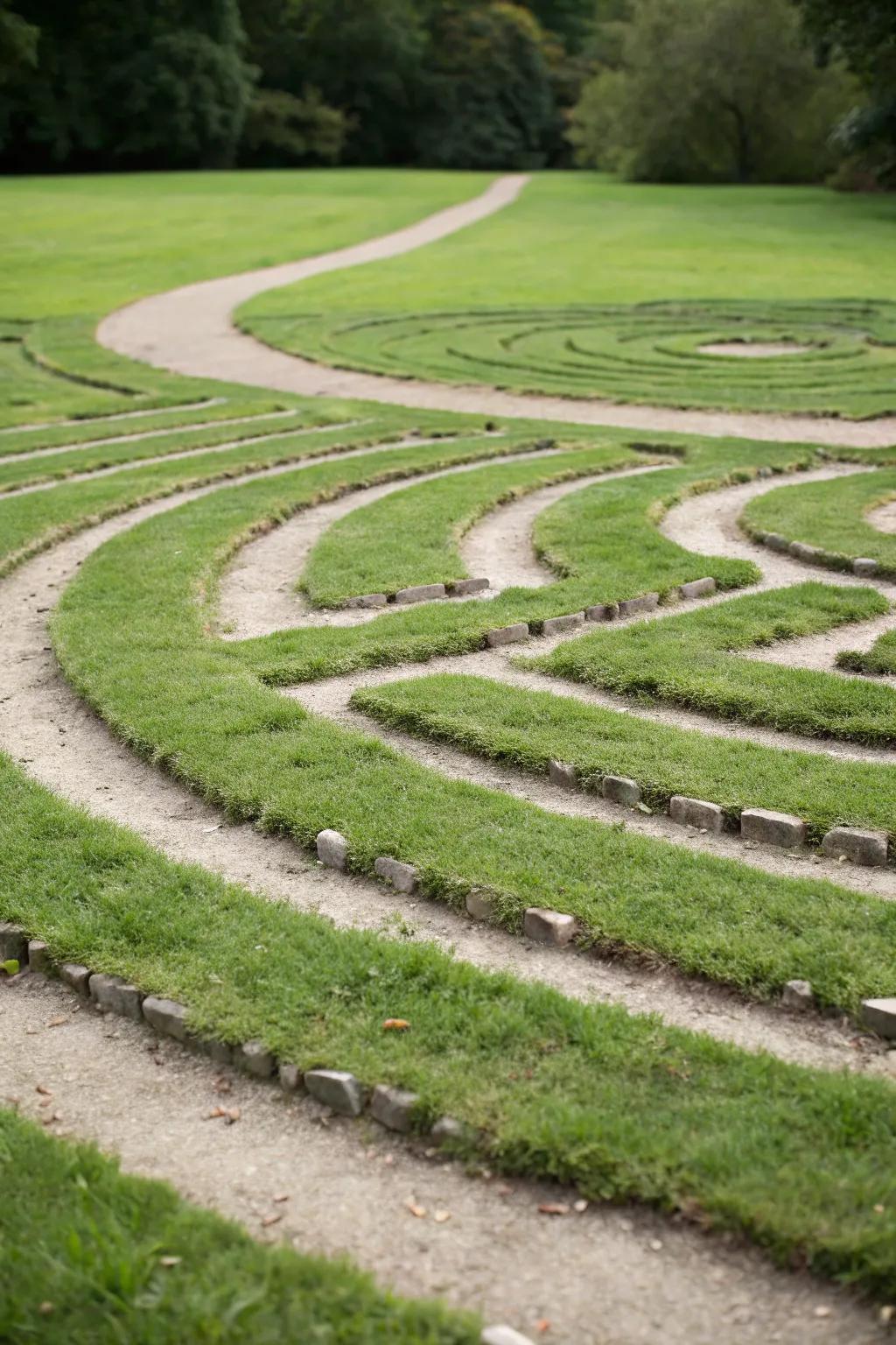 A minimalist grass cut labyrinth provides a simple yet elegant design.