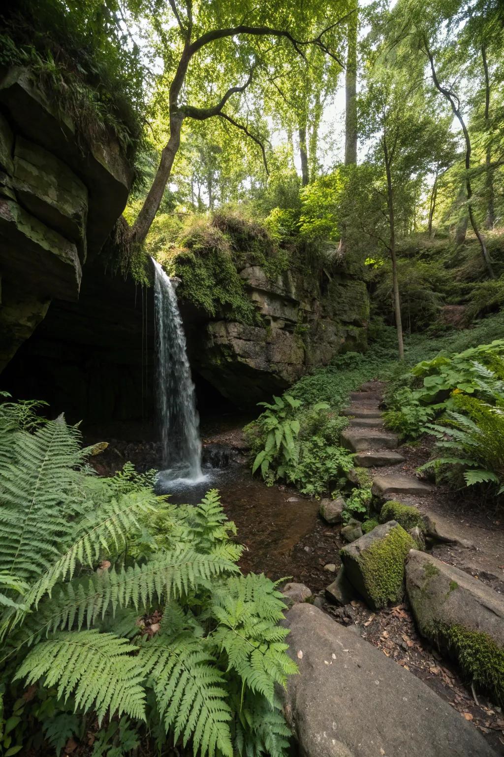 A hidden grotto waterfall creates a magical garden retreat.