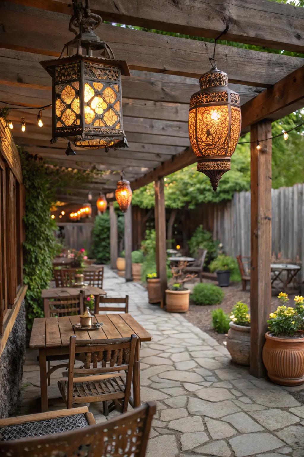 Lanterns bring a touch of rustic elegance to the patio.