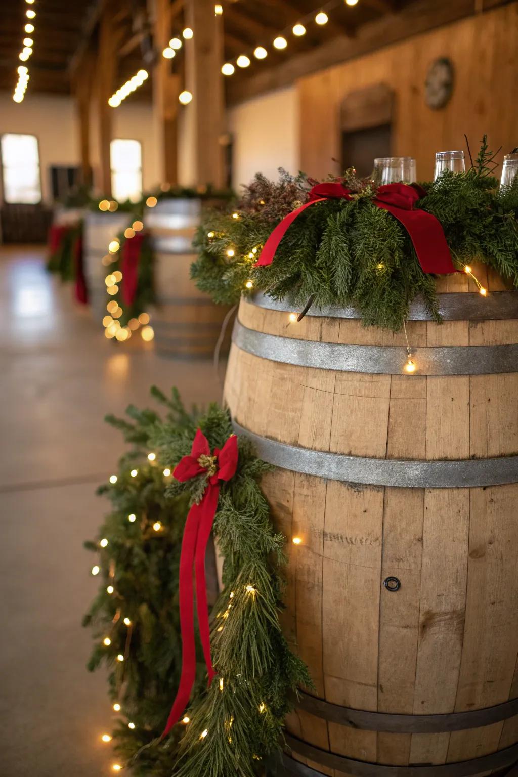 An adaptable cask display with holiday lights for any event.