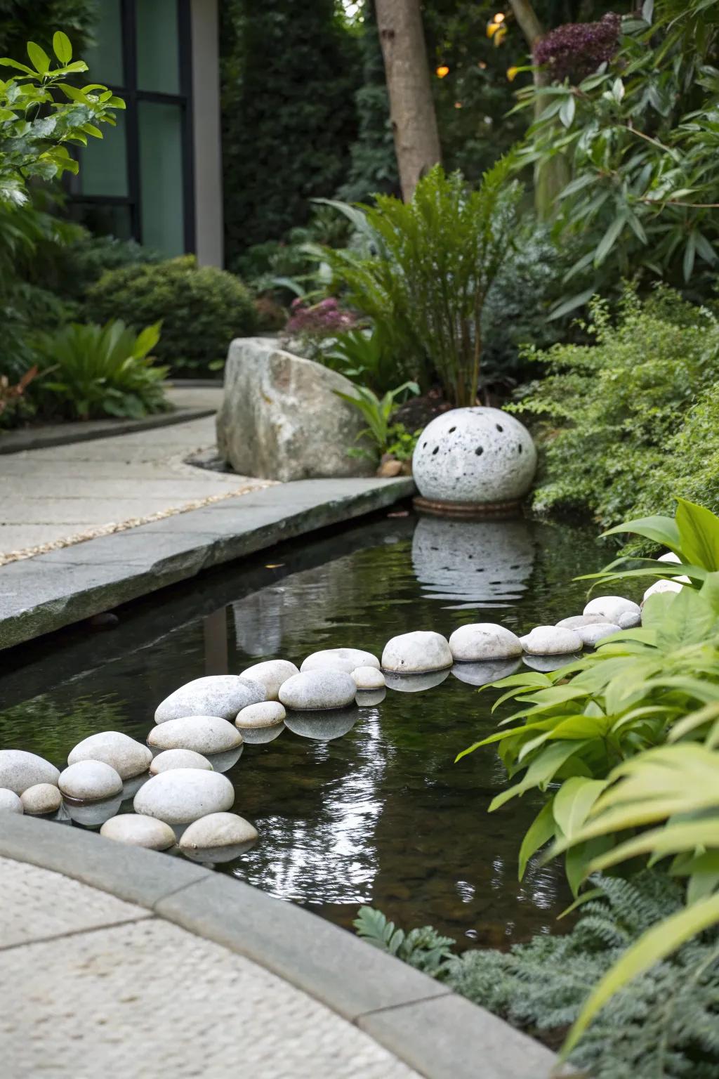 A water feature with white stones adds tranquility to the garden.