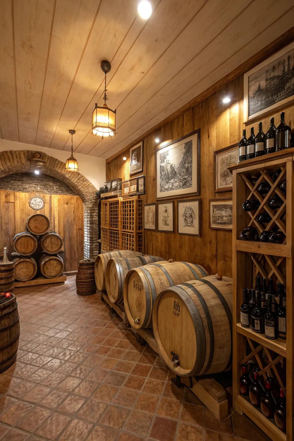 Rustic barrel elements merge with warm lighting for a vintage feel.