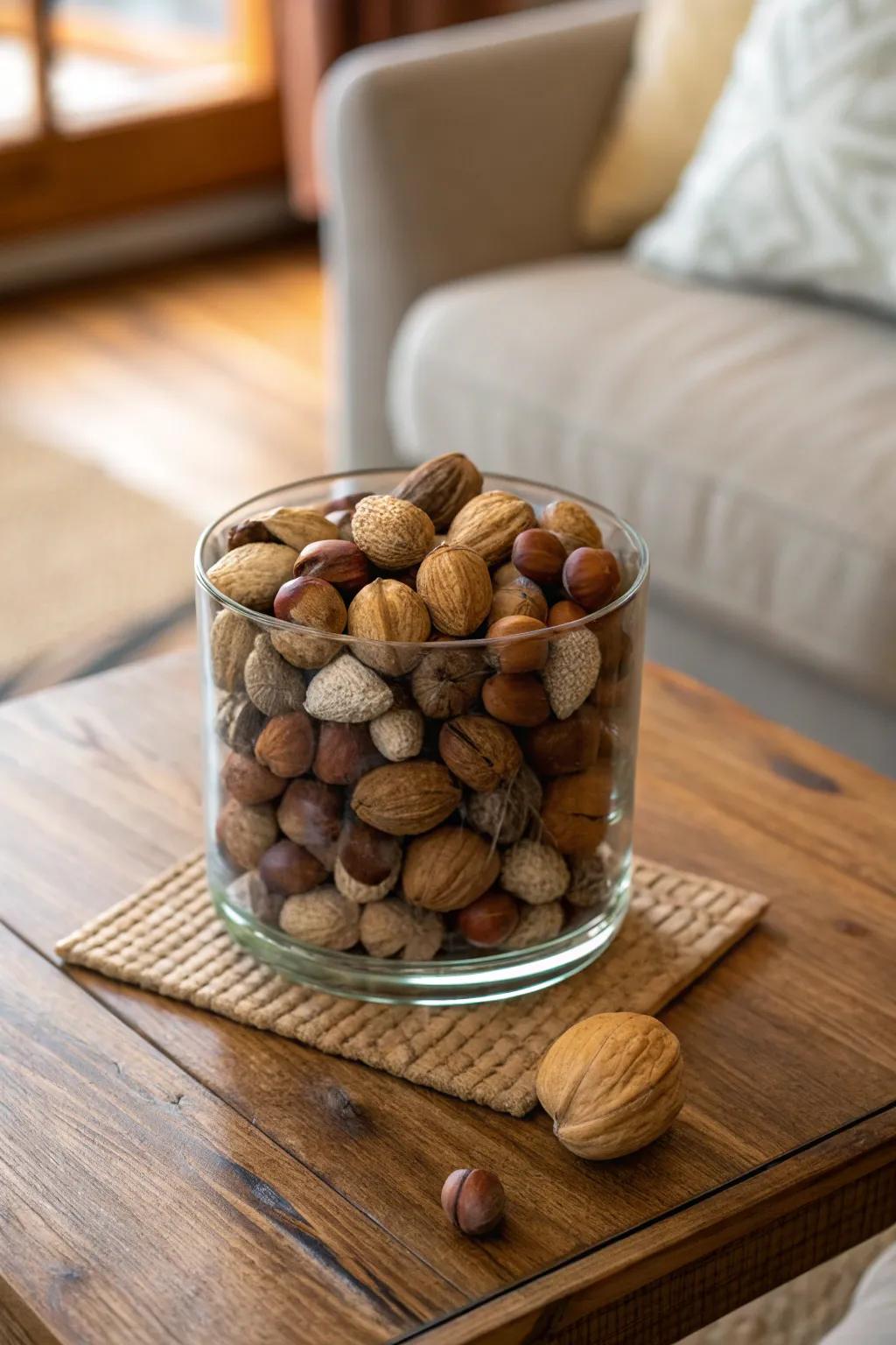 A vase filled with nuts adds warmth and texture to your decor.