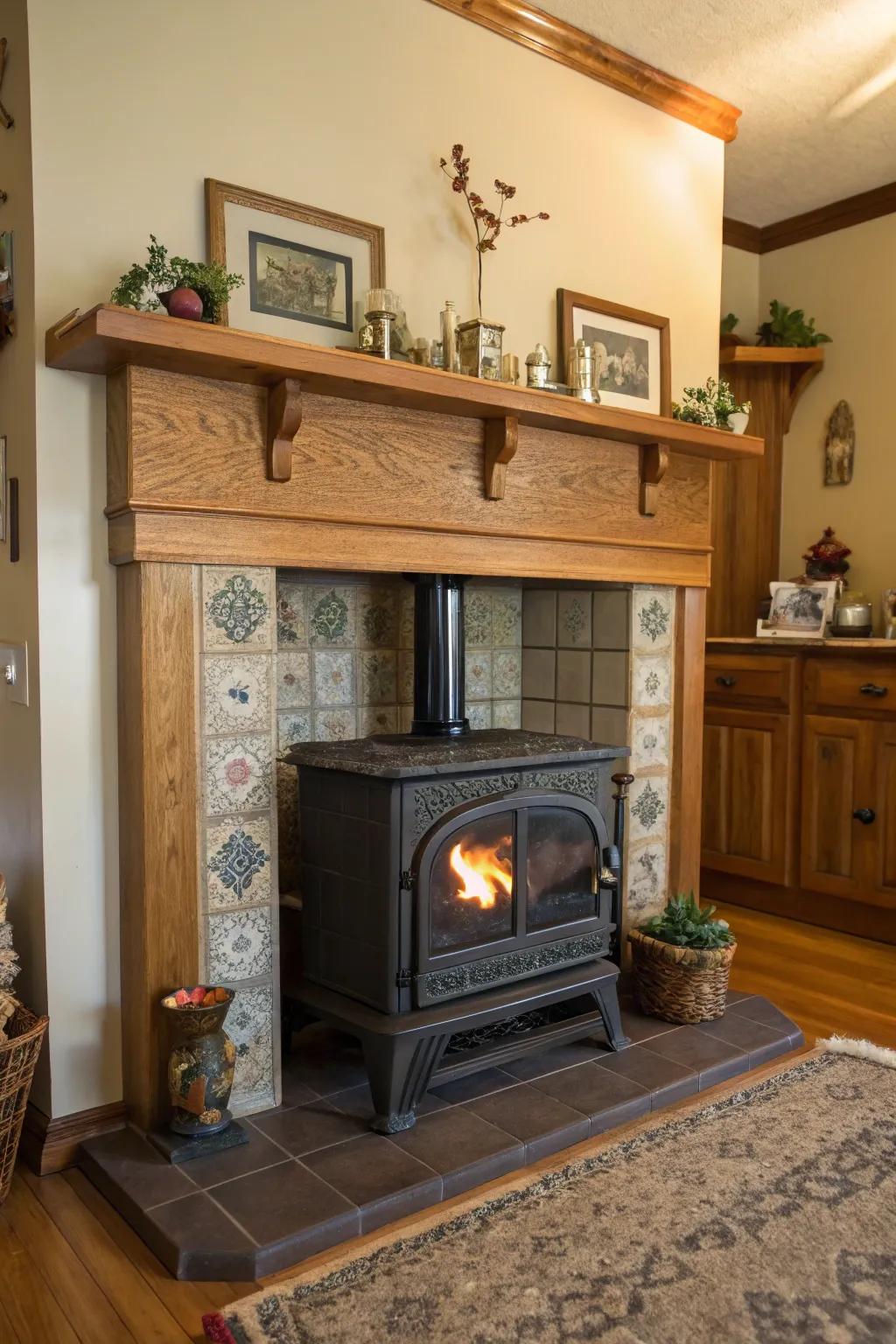 A mantelpiece adds decorative charm to your wood stove tile surround.