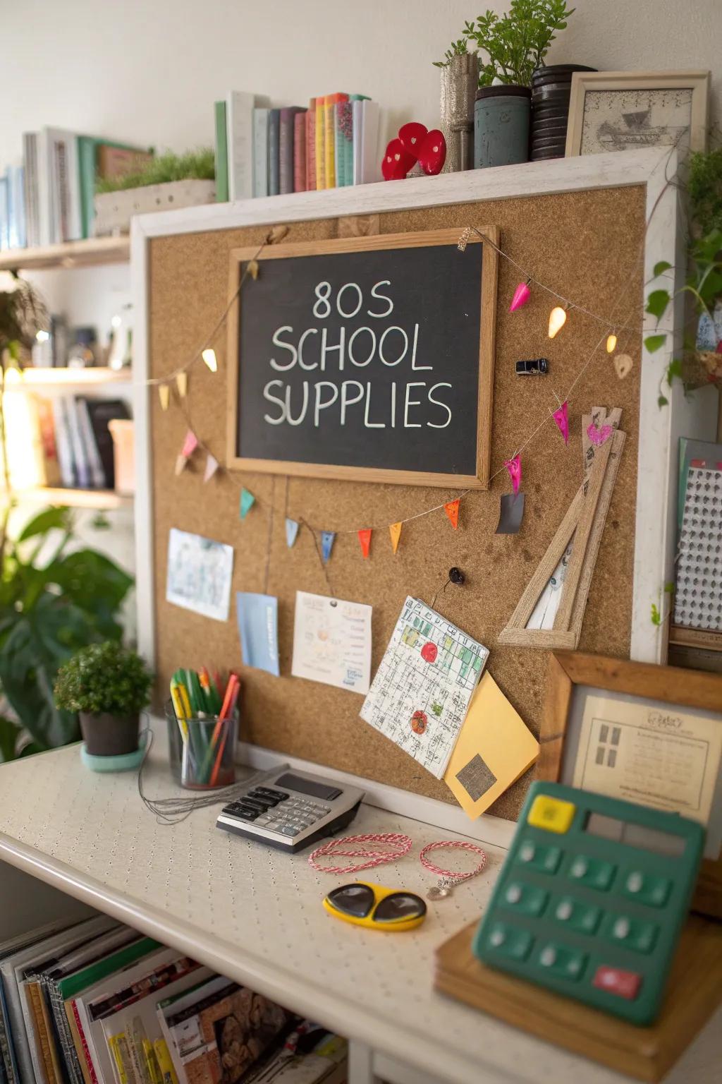 Back-to-school theme with 80s school supplies on a bulletin board.