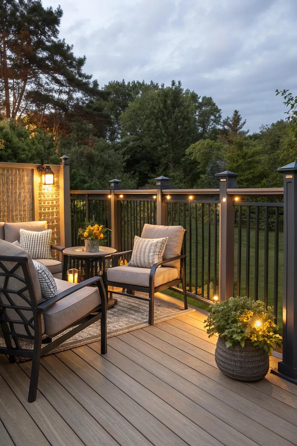 Stylish aluminum railings offering privacy in a cozy corner.