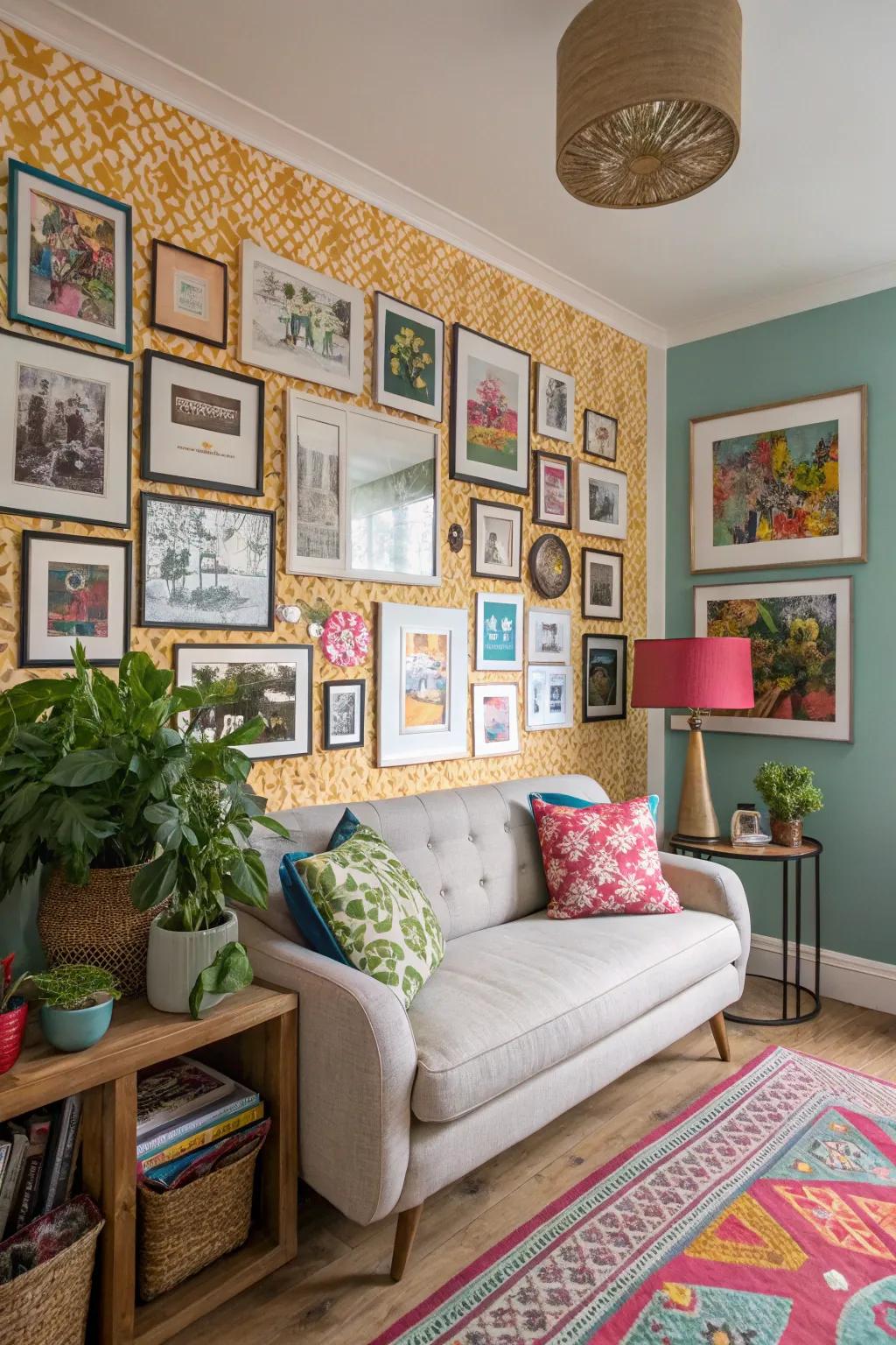 A gallery wall adds character and color to this small living room.