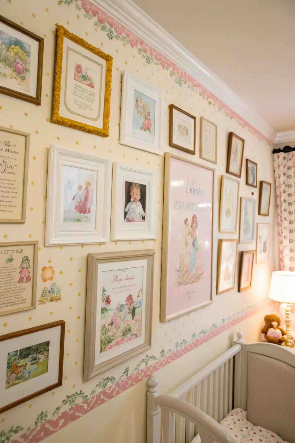 Vintage illustrations add nostalgic charm to the picture wall.