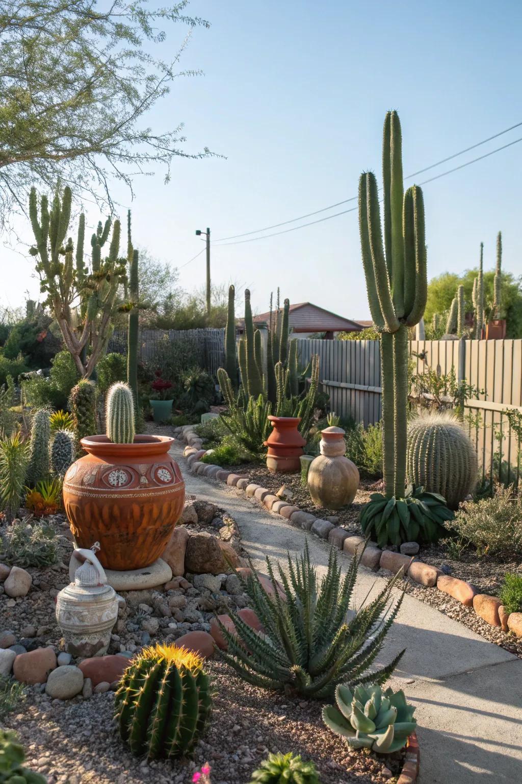 Artistic sculptures and pottery add a unique flair to the cactus garden.