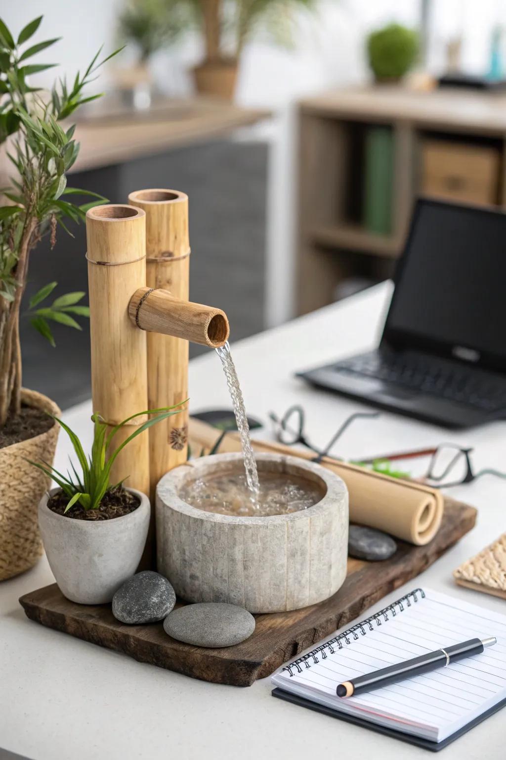 A simple bamboo fountain adding tranquility to a workspace.