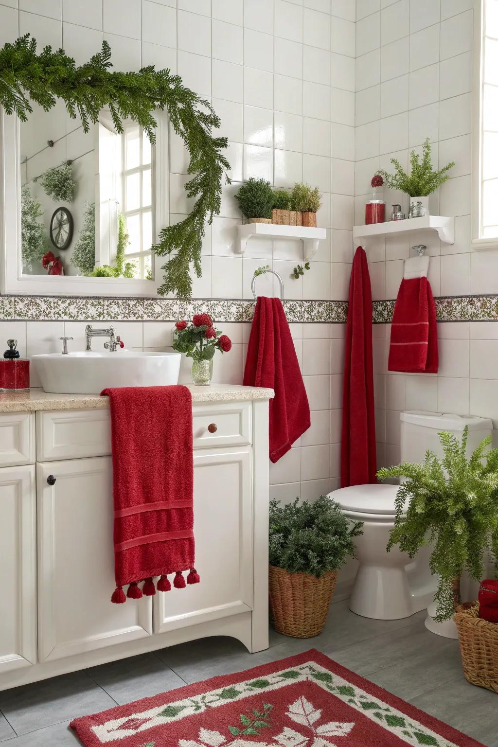 A cohesive color theme enhances the festive atmosphere in this bathroom.