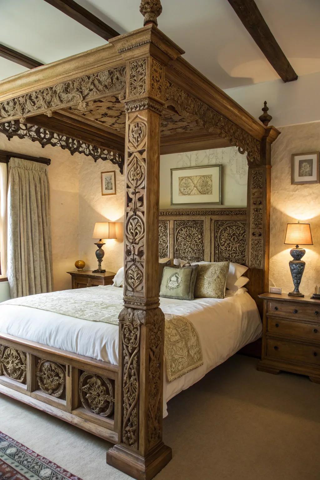 Intricate carvings on bedposts add grandeur and historical charm.