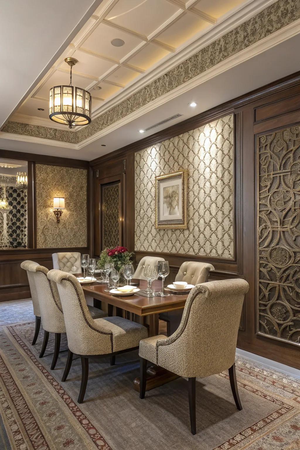 Textured walls add depth and interest to dining rooms.