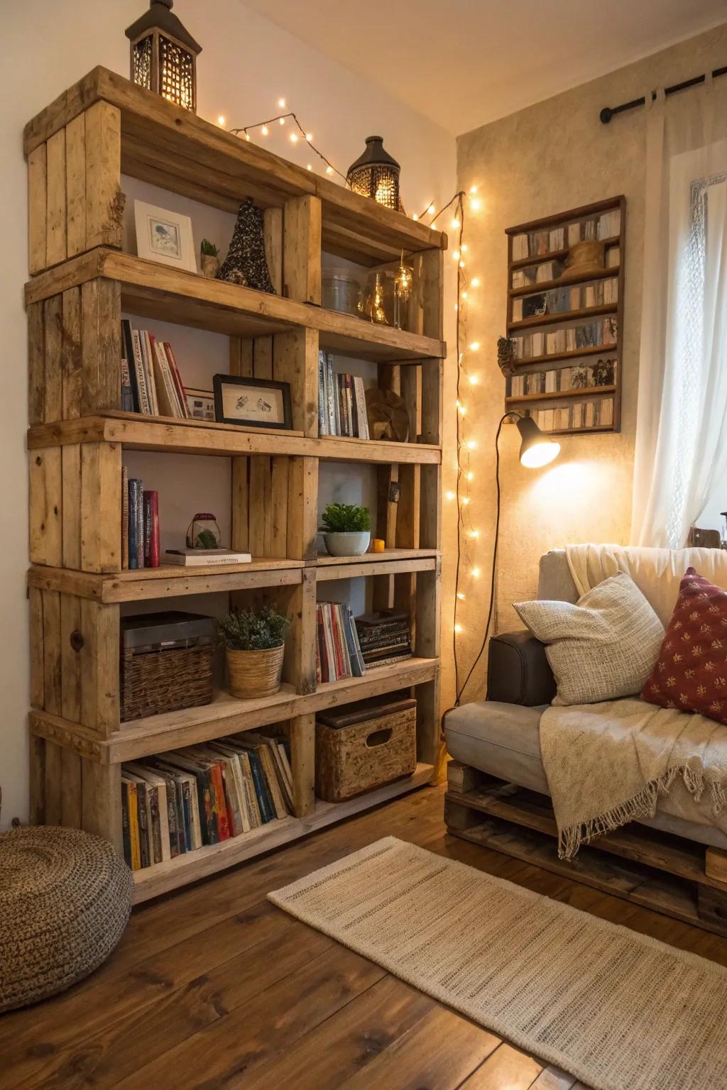 Infuse charm with pallet wood shelves.