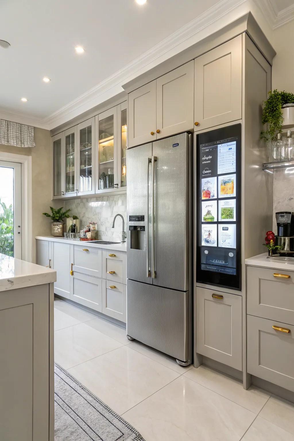 A smart fridge becomes the centerpiece of a modern kitchen, offering both convenience and contemporary style.