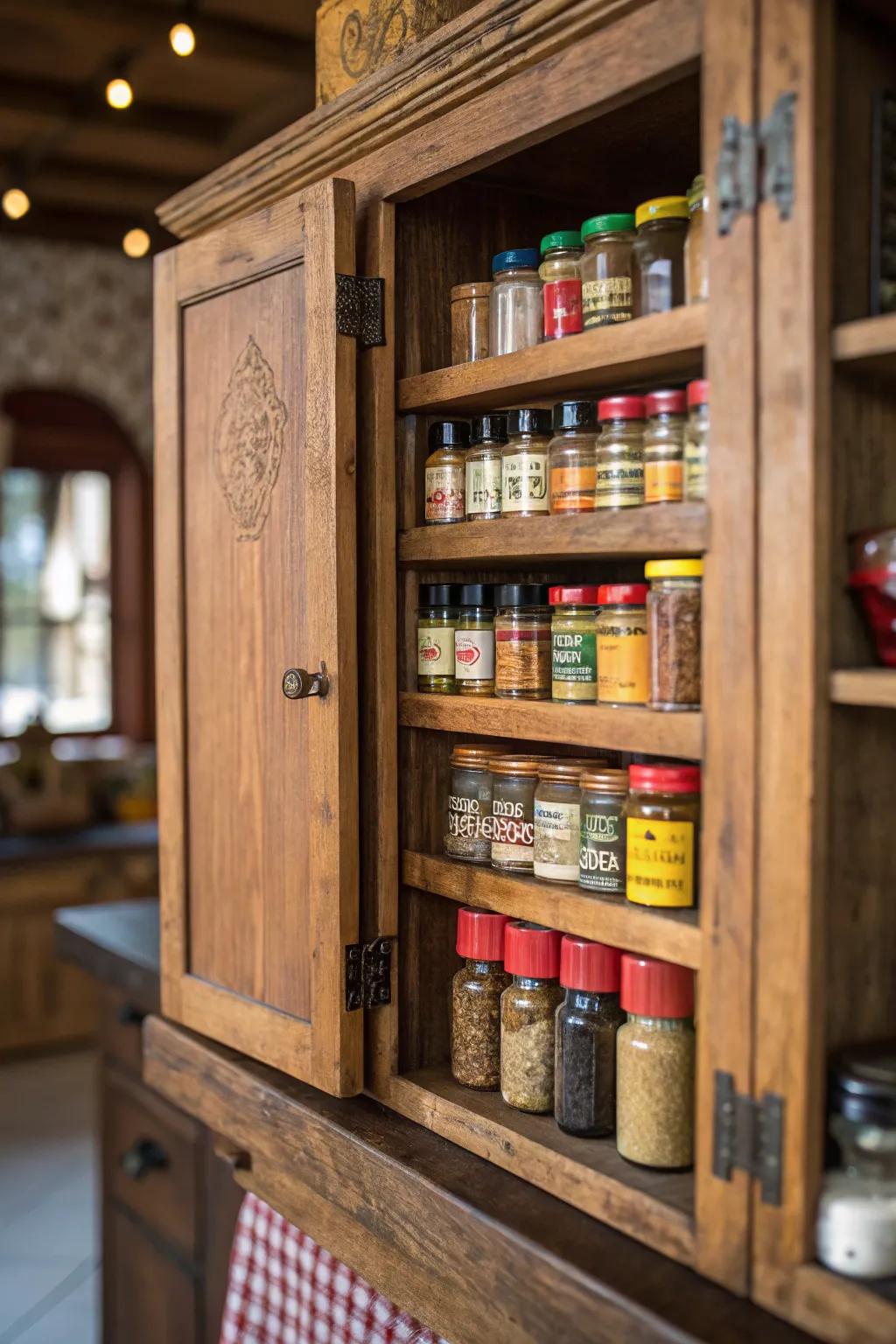 Add charm with a rustic wooden spice cabinet.