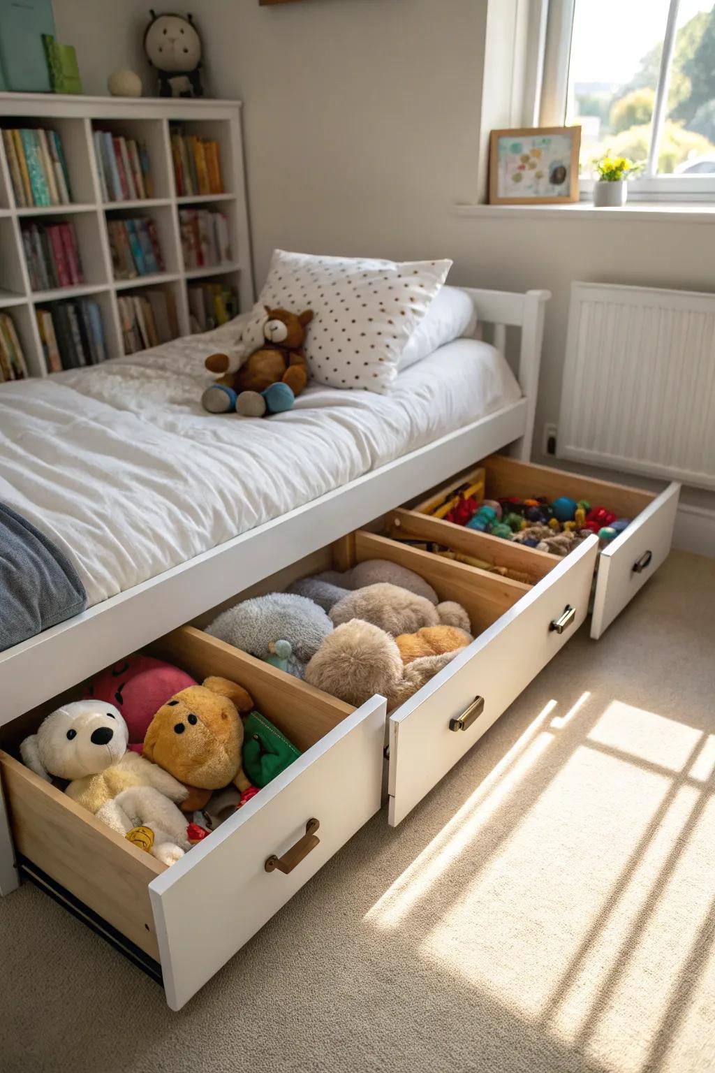 Under-the-bed storage keeps toys out of sight but within reach.