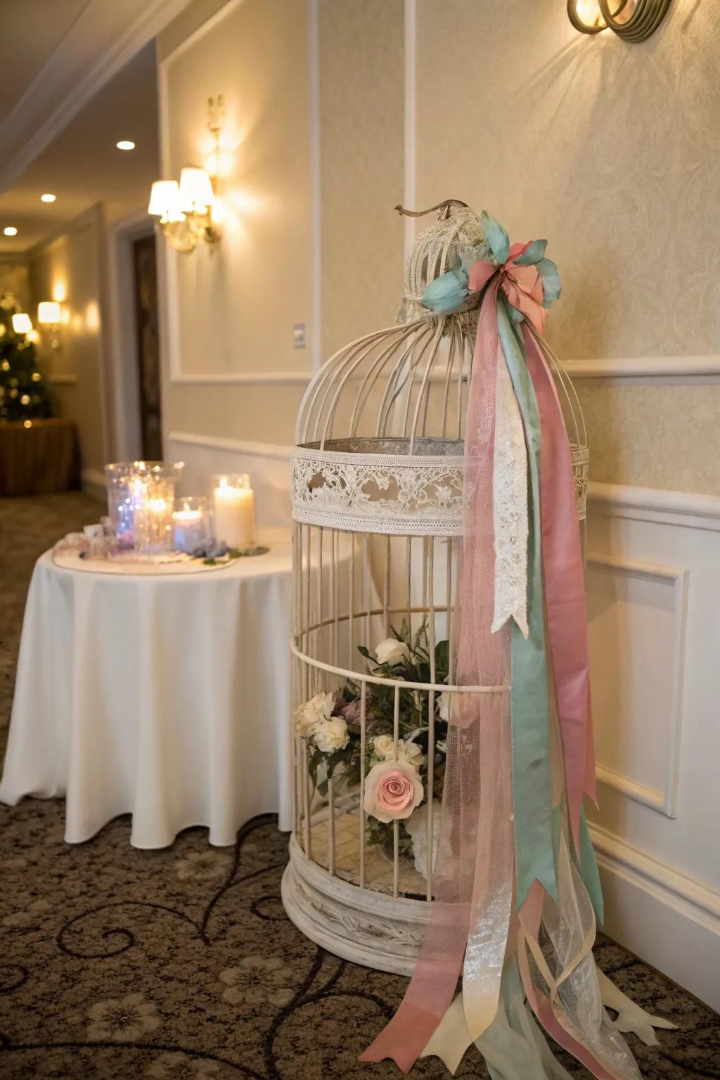 Ribbons and fabric add elegance to a bird cage decor.