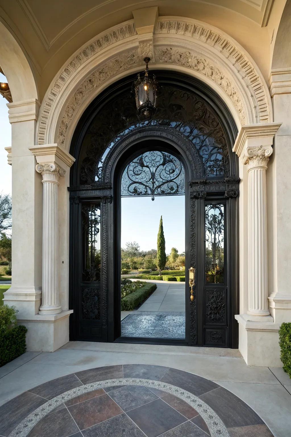 An arched black door creating a stunning focal point.